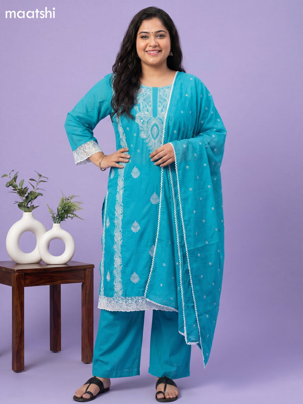 Teal Blue Cotton Chikankari Embroidery Work Straight Suit