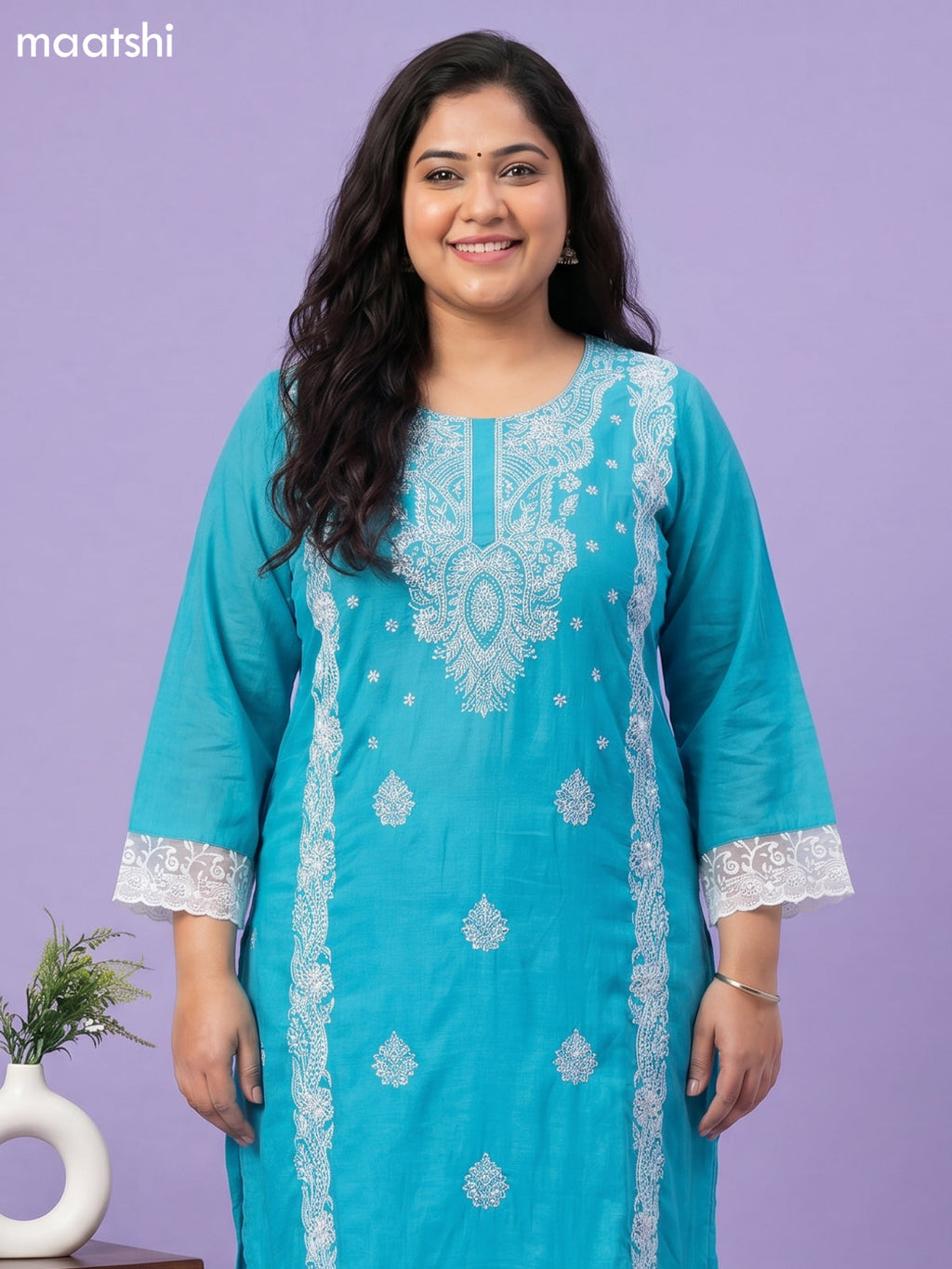 Teal Blue Cotton Chikankari Embroidery Work Straight Suit