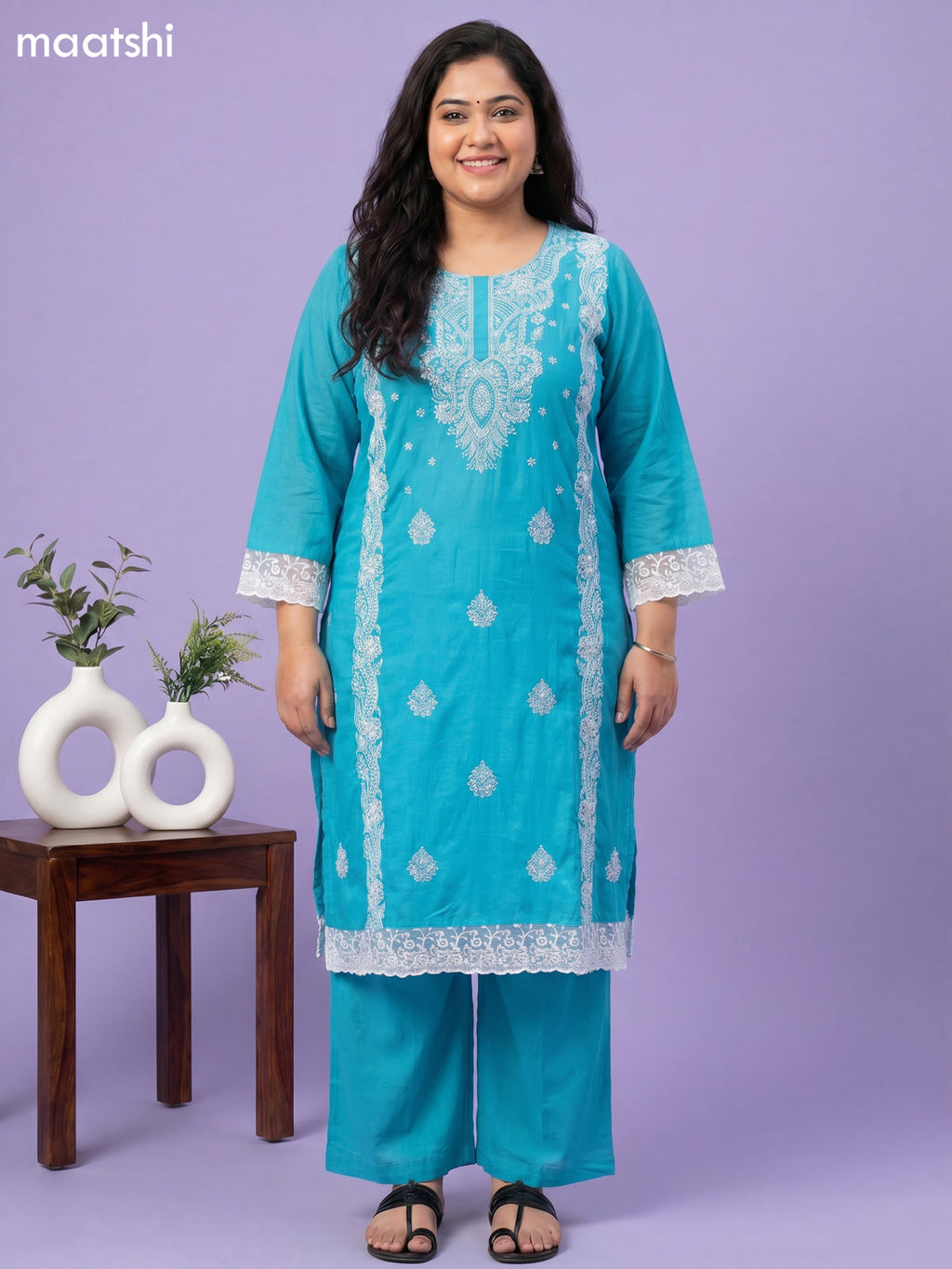 Teal Blue Cotton Chikankari Embroidery Work Straight Suit