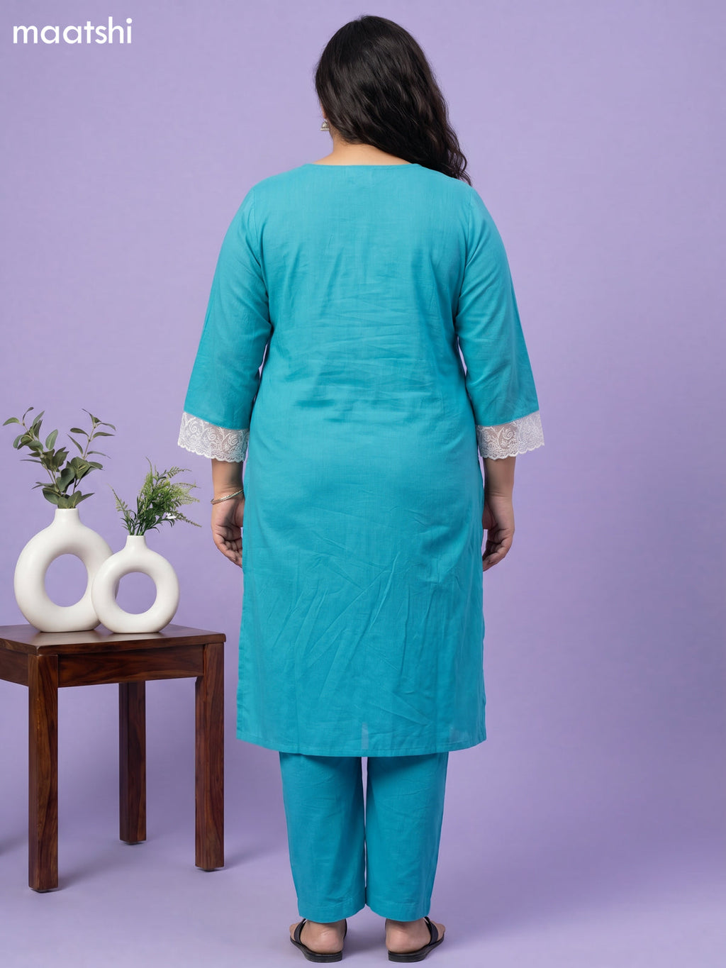 Teal Blue Cotton Chikankari Embroidery Work Straight Suit