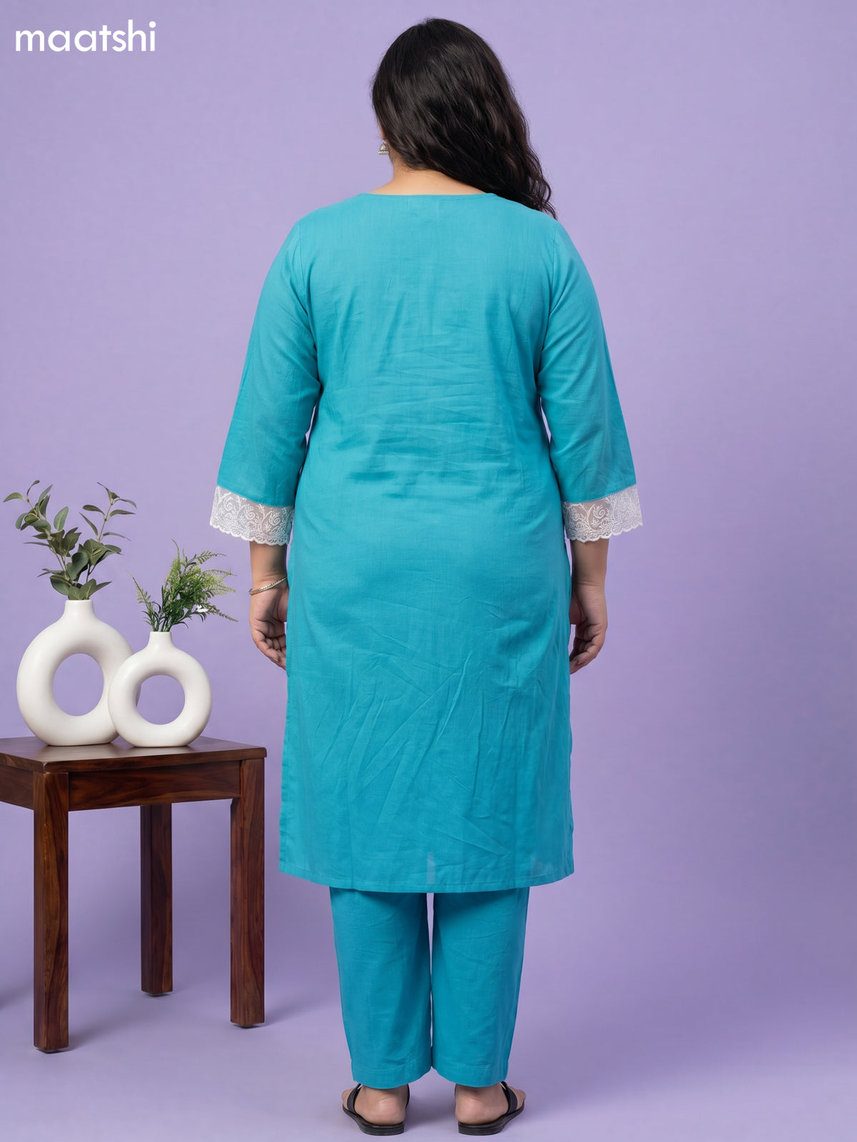 Teal Blue Cotton Chikankari Embroidery Work Straight Suit