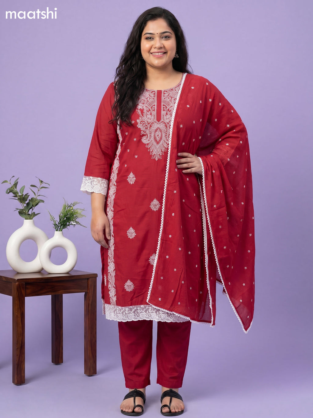 Maroon Cotton Chikankari Embroidery Work Straight Suit