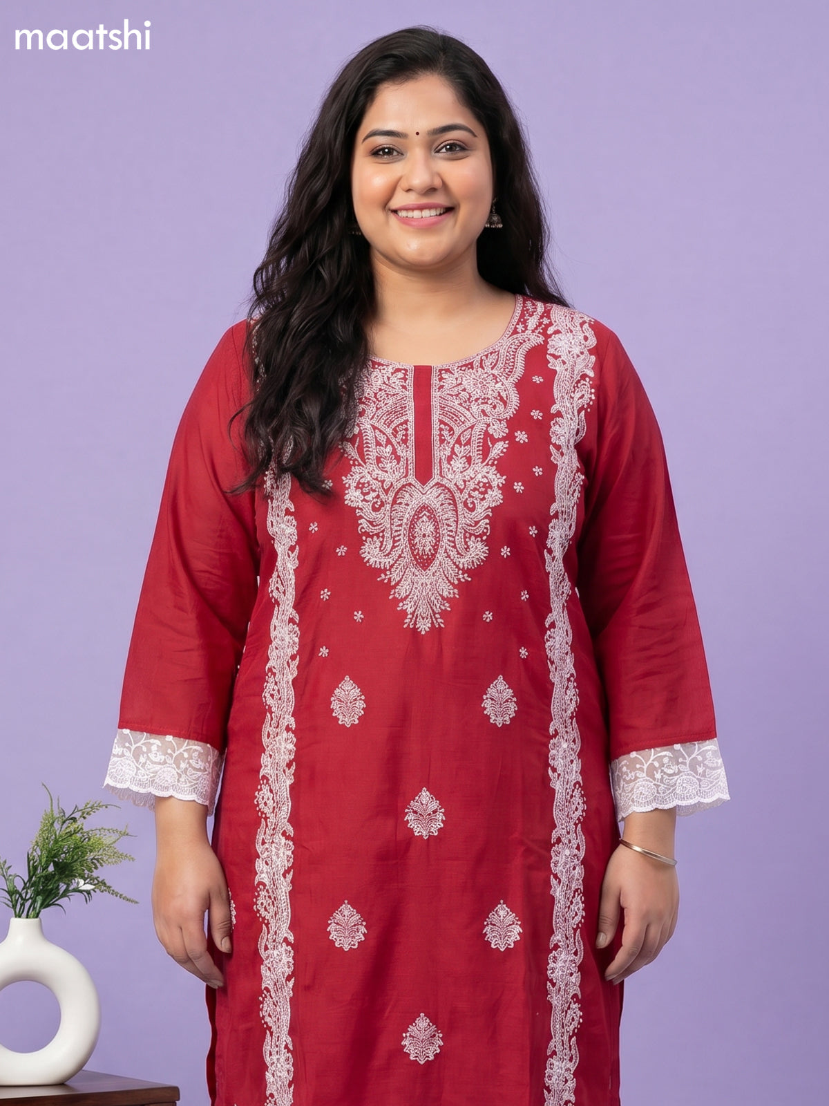 Maroon Cotton Chikankari Embroidery Work Straight Suit