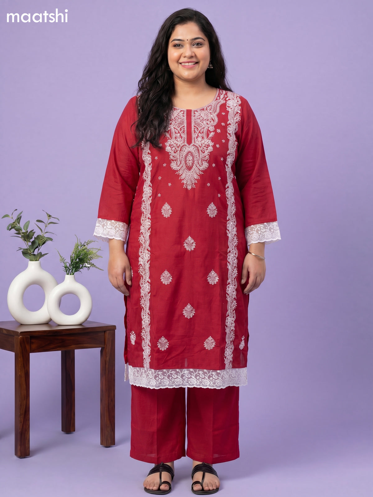 Maroon Cotton Chikankari Embroidery Work Straight Suit