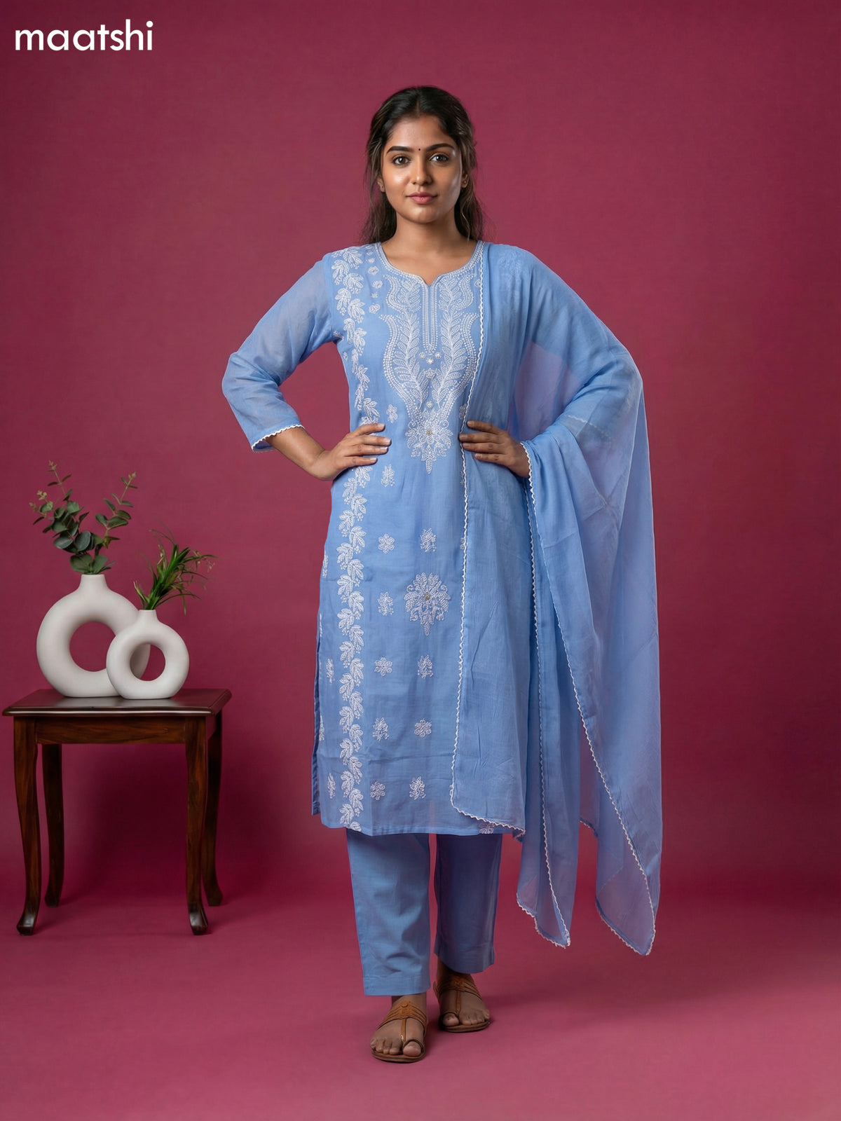 Light Blue Cotton Chikankari Embroidery Work Straight Suit
