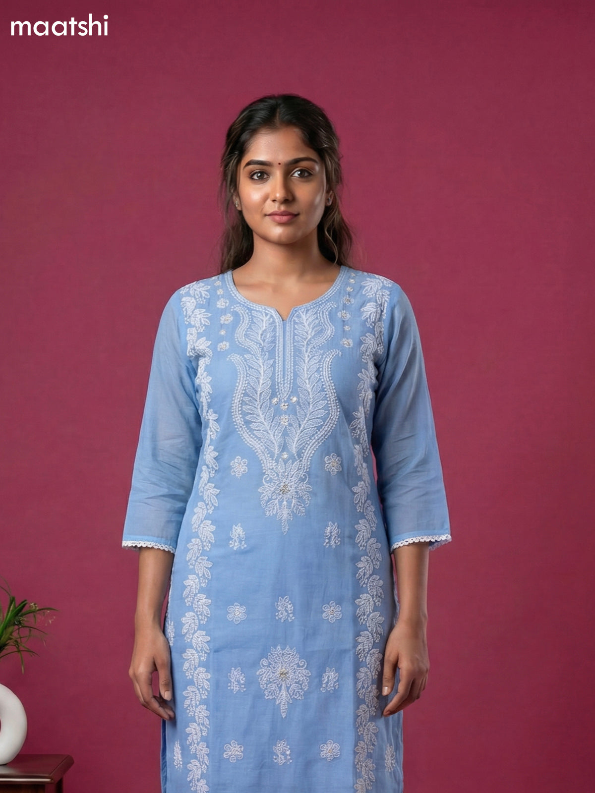 Light Blue Cotton Chikankari Embroidery Work Straight Suit
