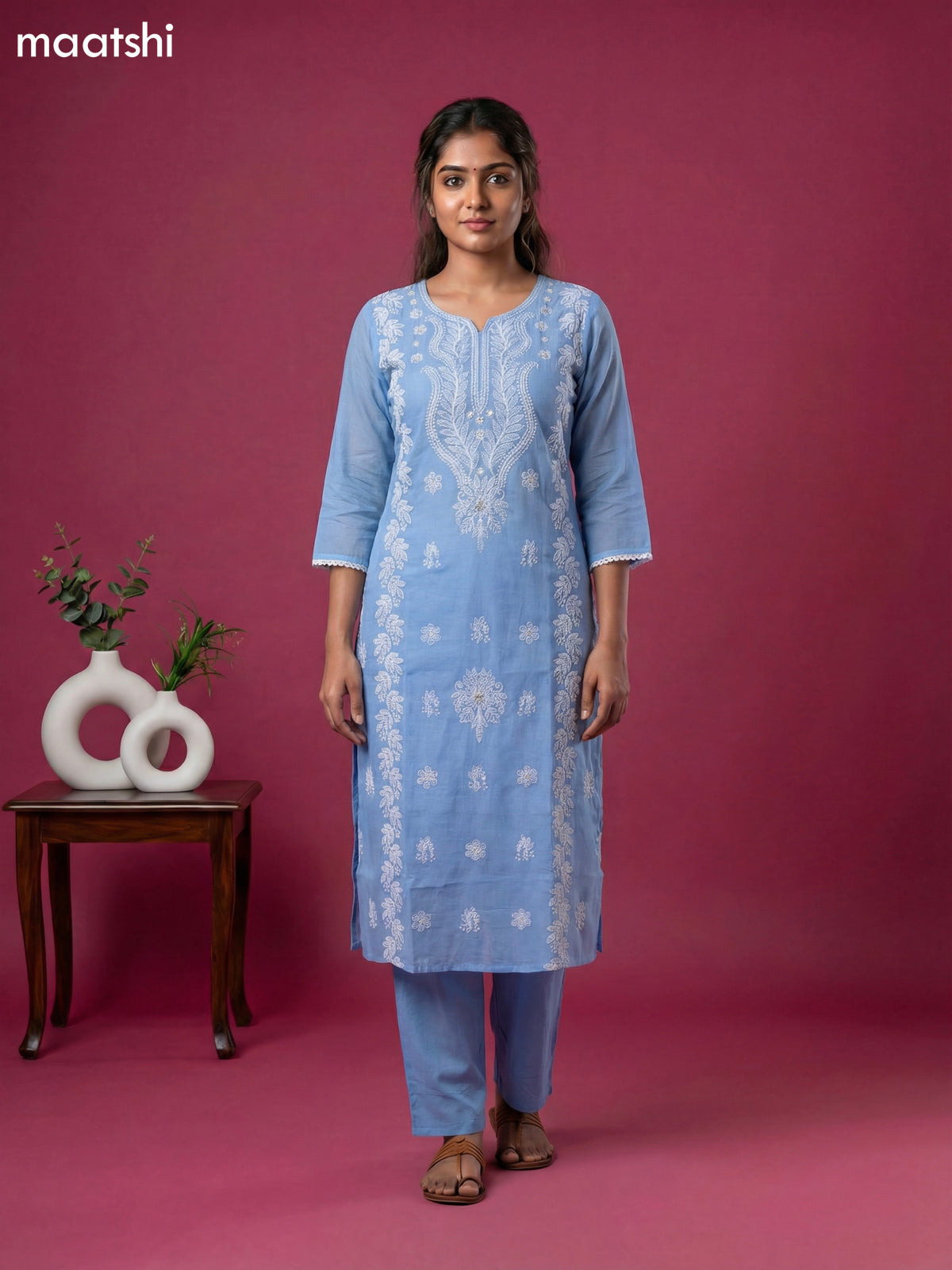 Light Blue Cotton Chikankari Embroidery Work Straight Suit