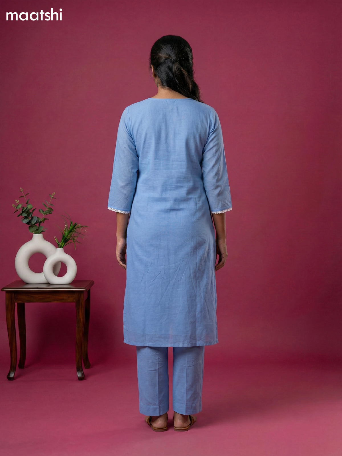 Light Blue Cotton Chikankari Embroidery Work Straight Suit