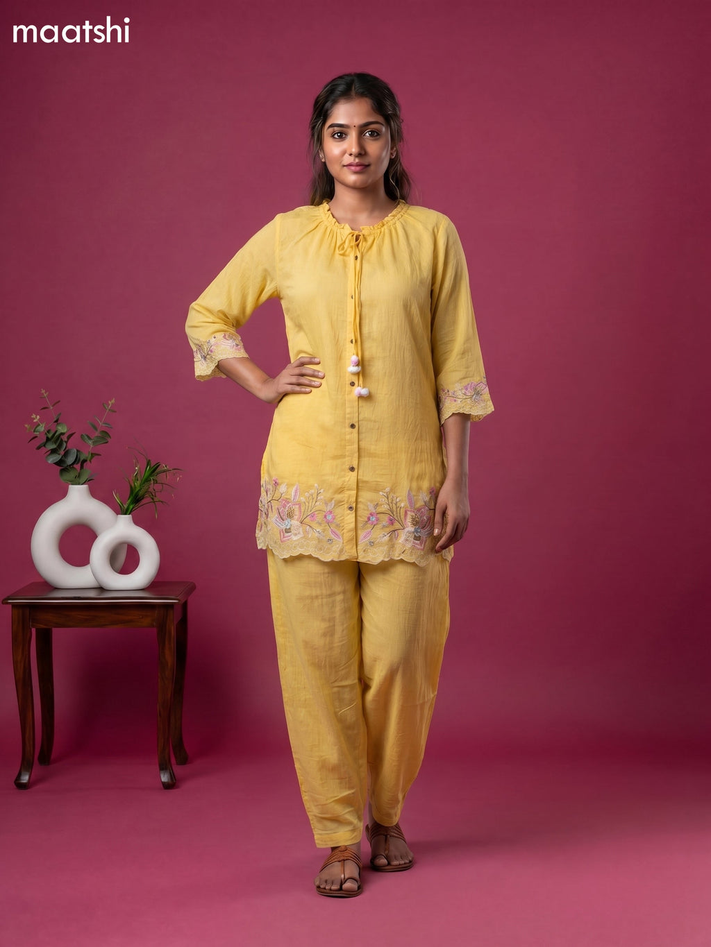 Yellow Mul Chanderi Embroidery Work Short Co-Ord Set