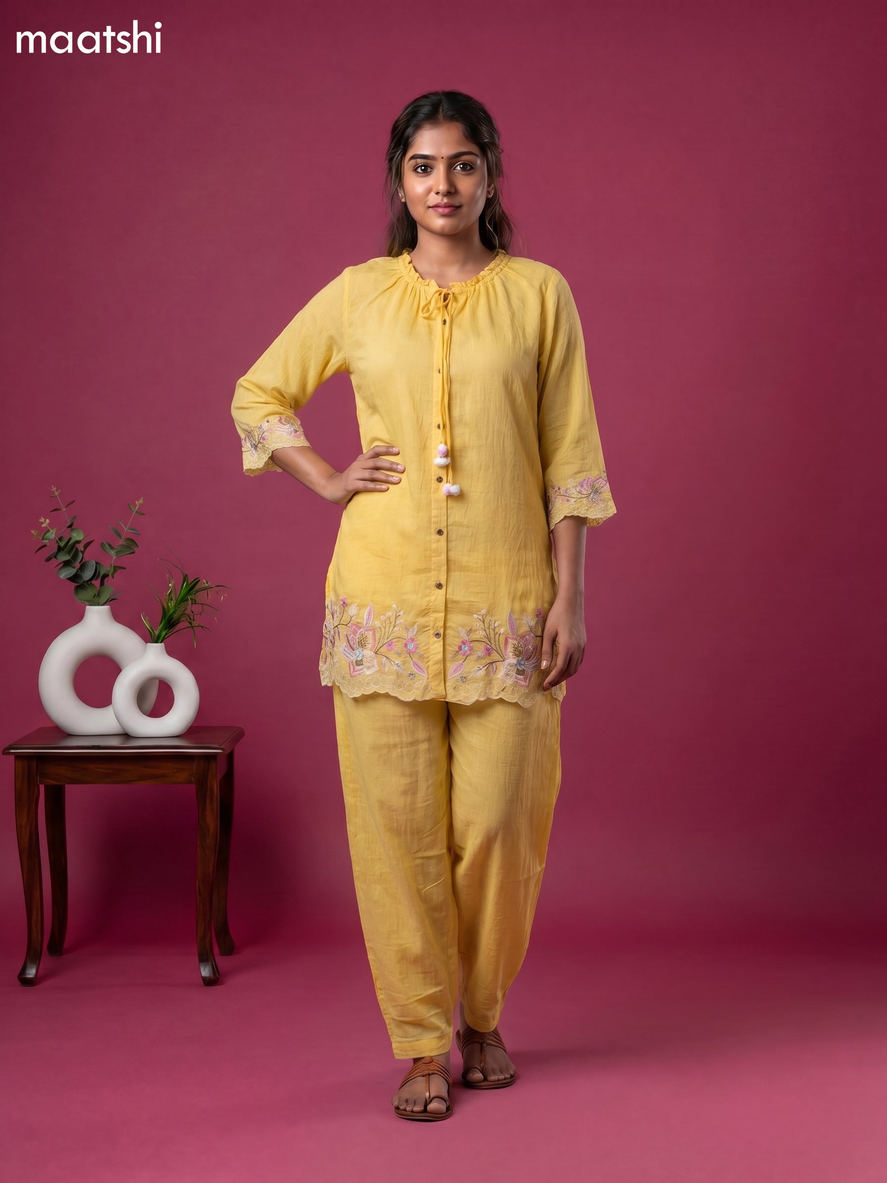 Yellow Mul Chanderi Embroidery Work Short Co-Ord Set