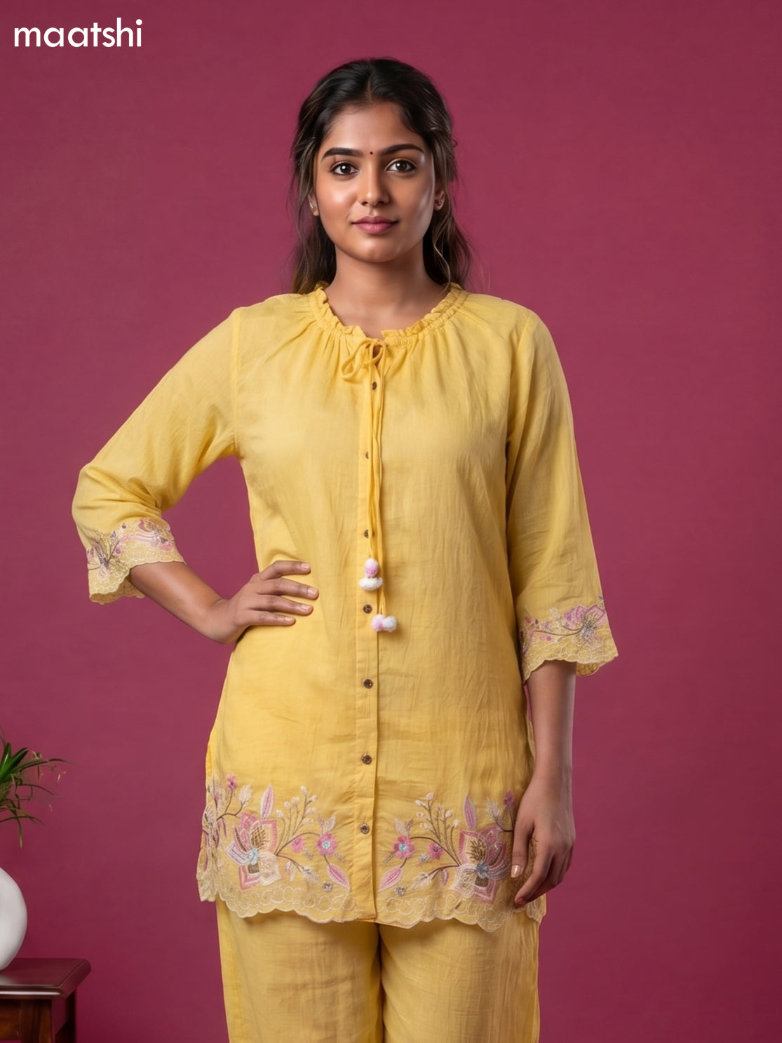 Yellow Mul Chanderi Embroidery Work Short Co-Ord Set