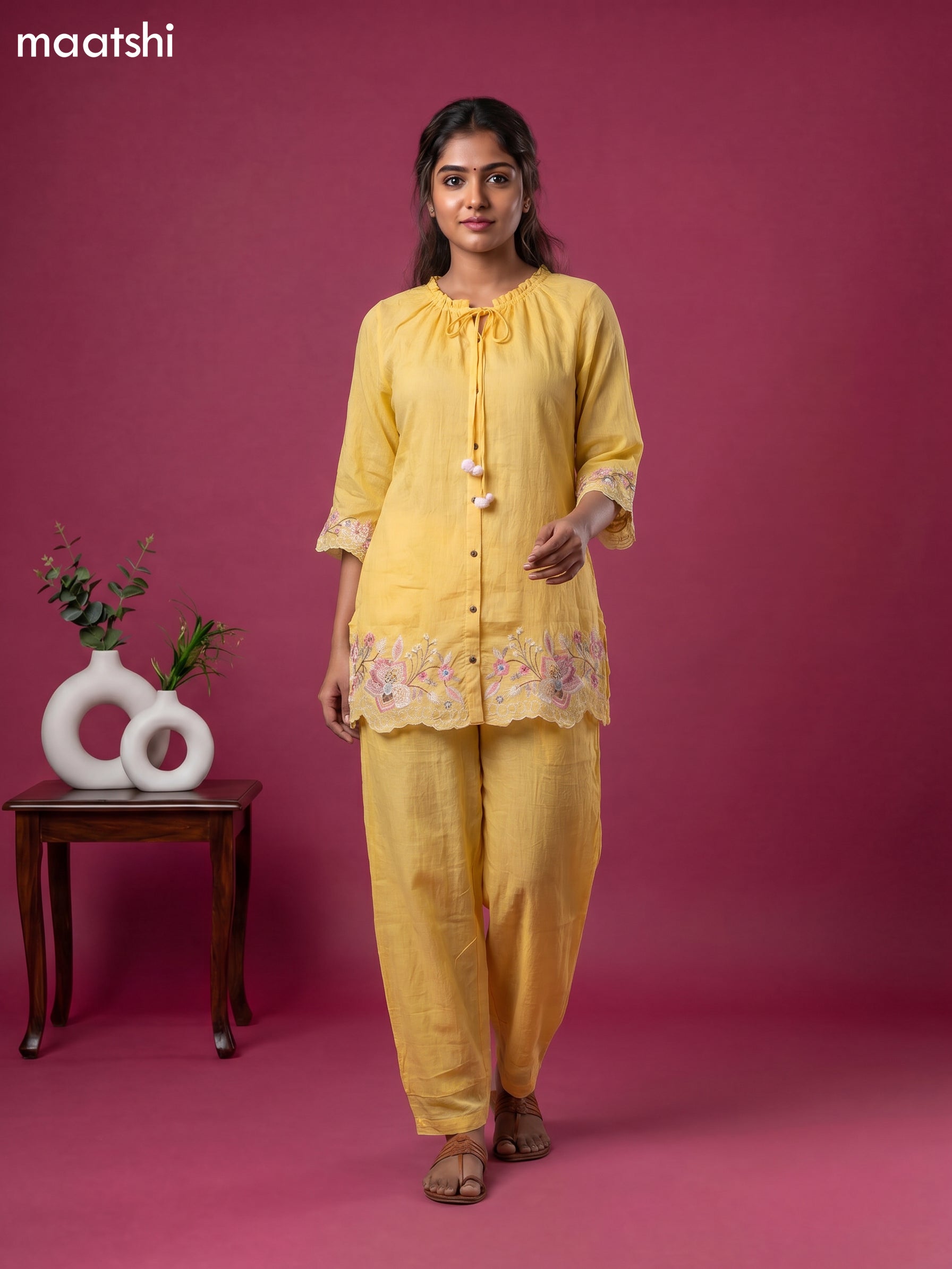 Yellow Mul Chanderi Embroidery Work Short Co-Ord Set