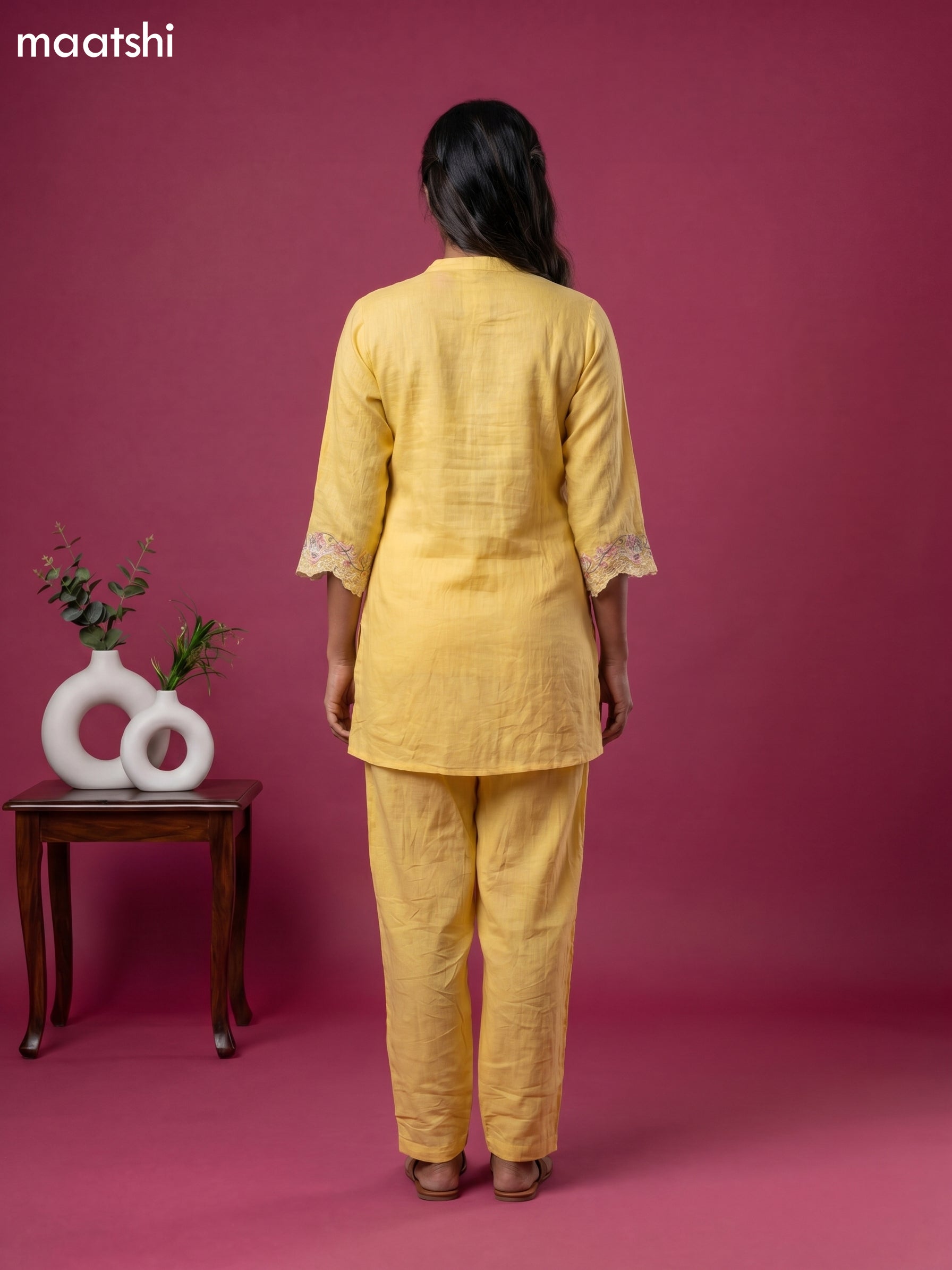 Yellow Mul Chanderi Embroidery Work Short Co-Ord Set