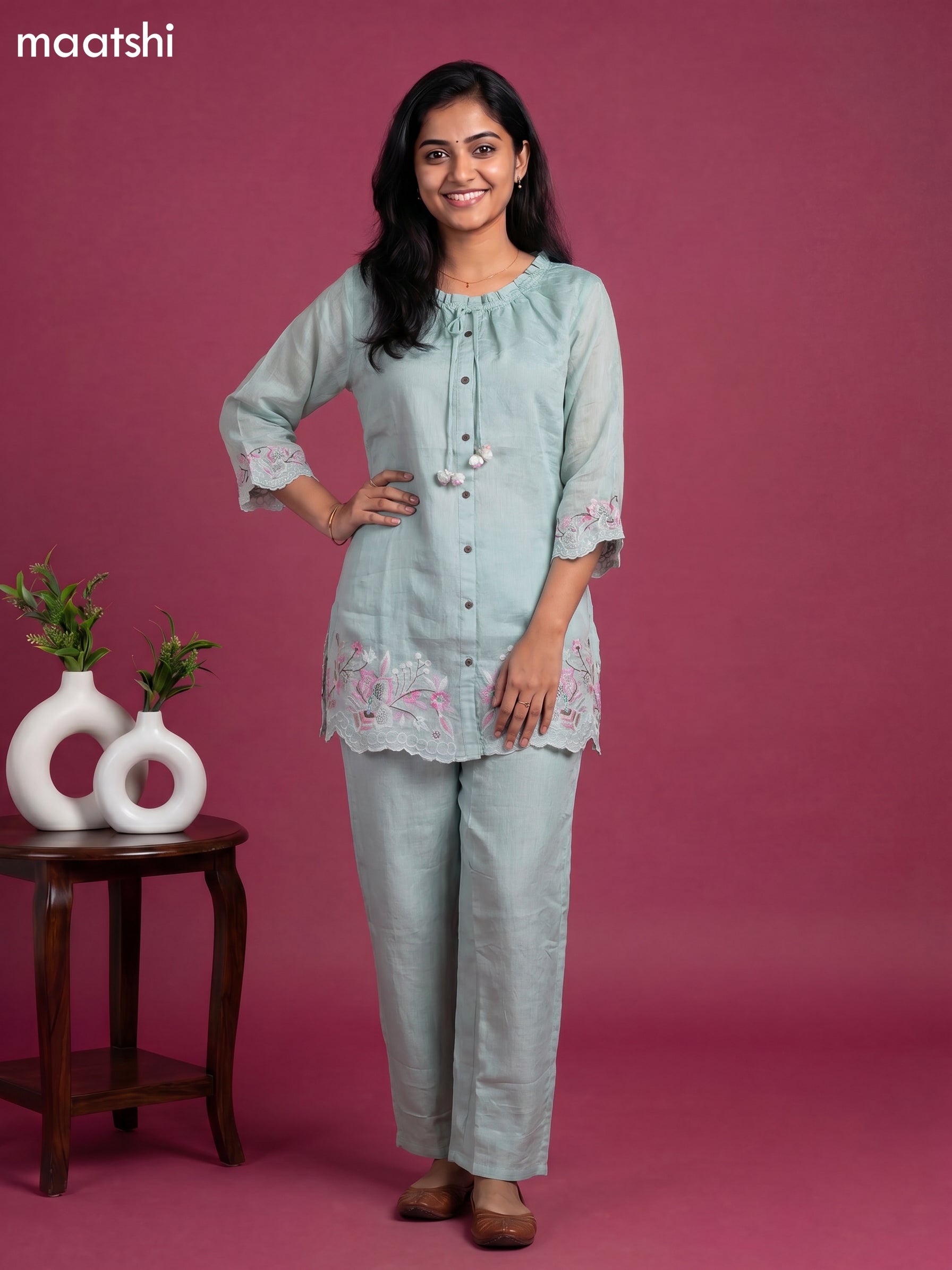 Pastel Green Mul Chanderi Embroidery Work Short Co-Ord Set