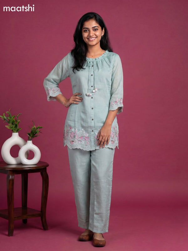 Pastel Green Mul Chanderi Embroidery Work Short Co-Ord Set