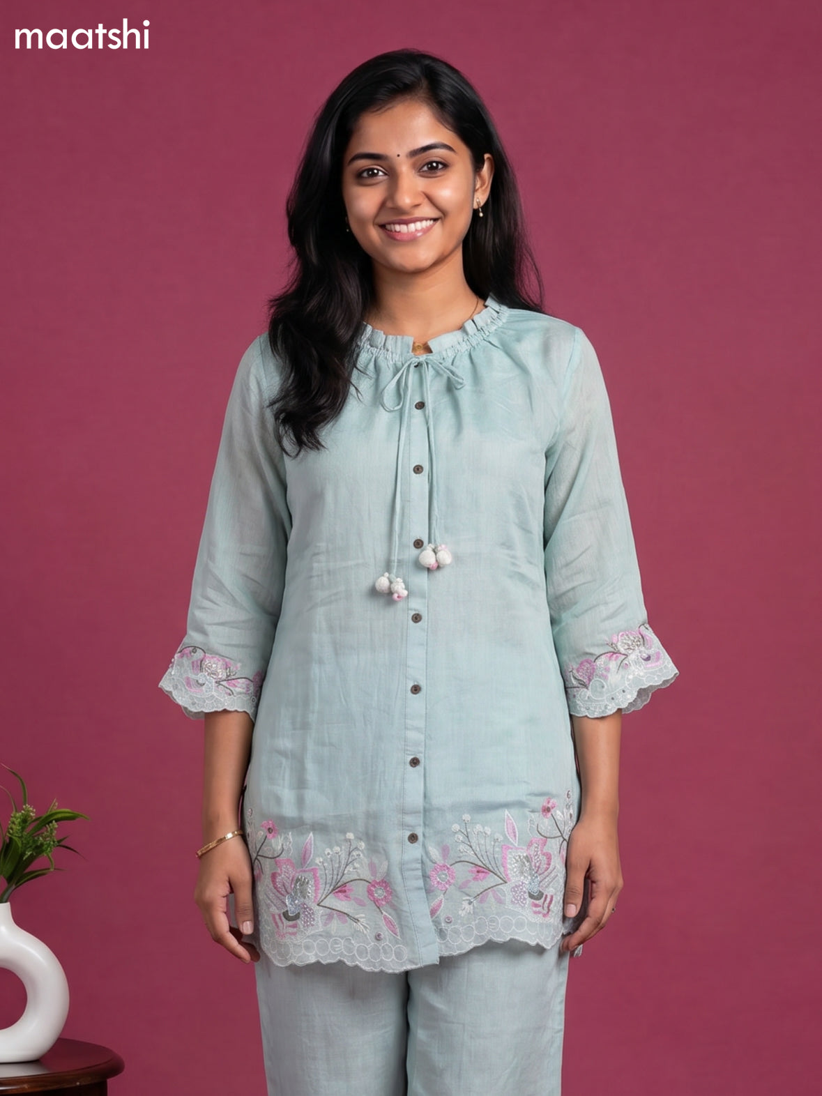 Pastel Green Mul Chanderi Embroidery Work Short Co-Ord Set