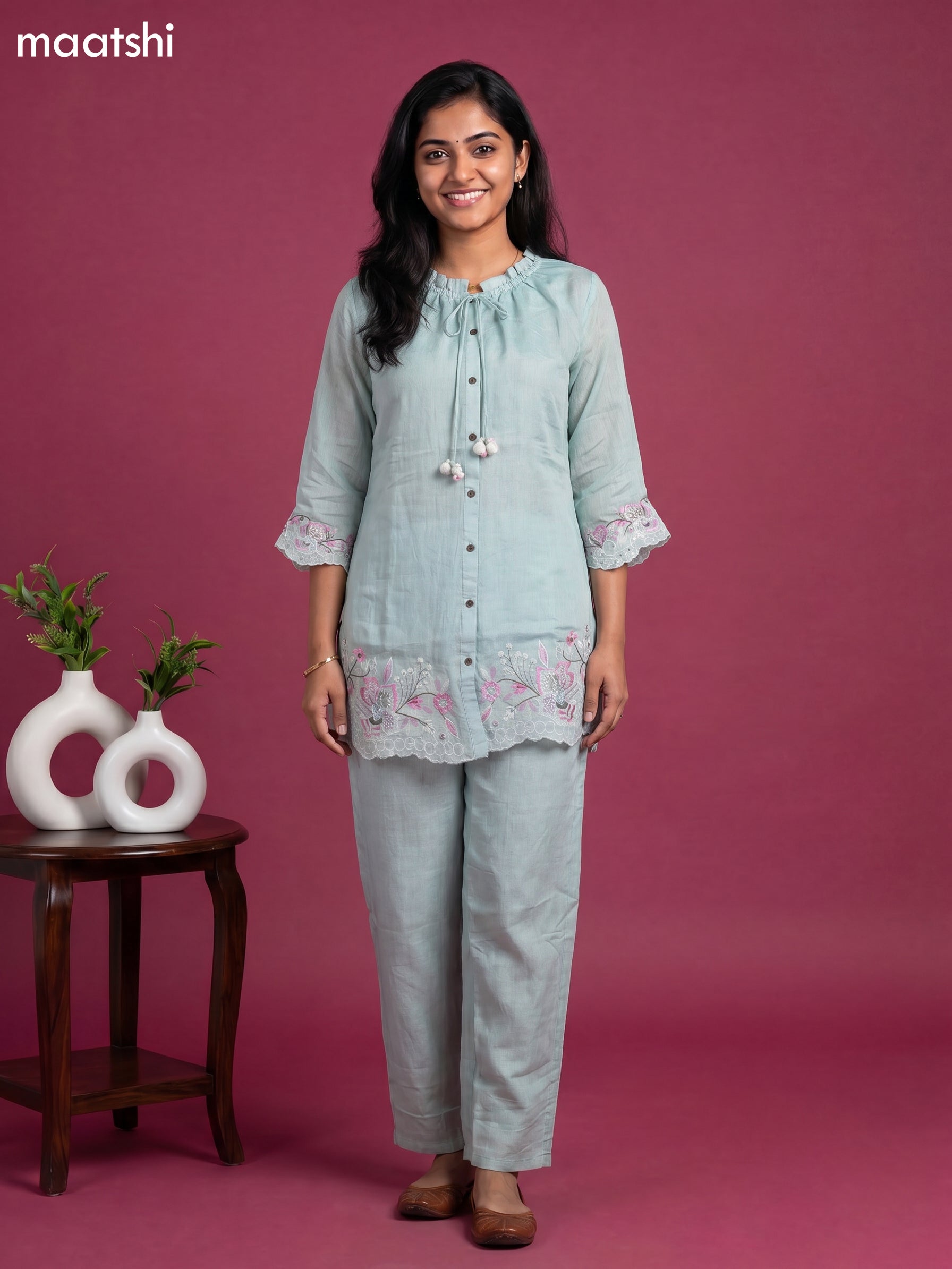 Pastel Green Mul Chanderi Embroidery Work Short Co-Ord Set
