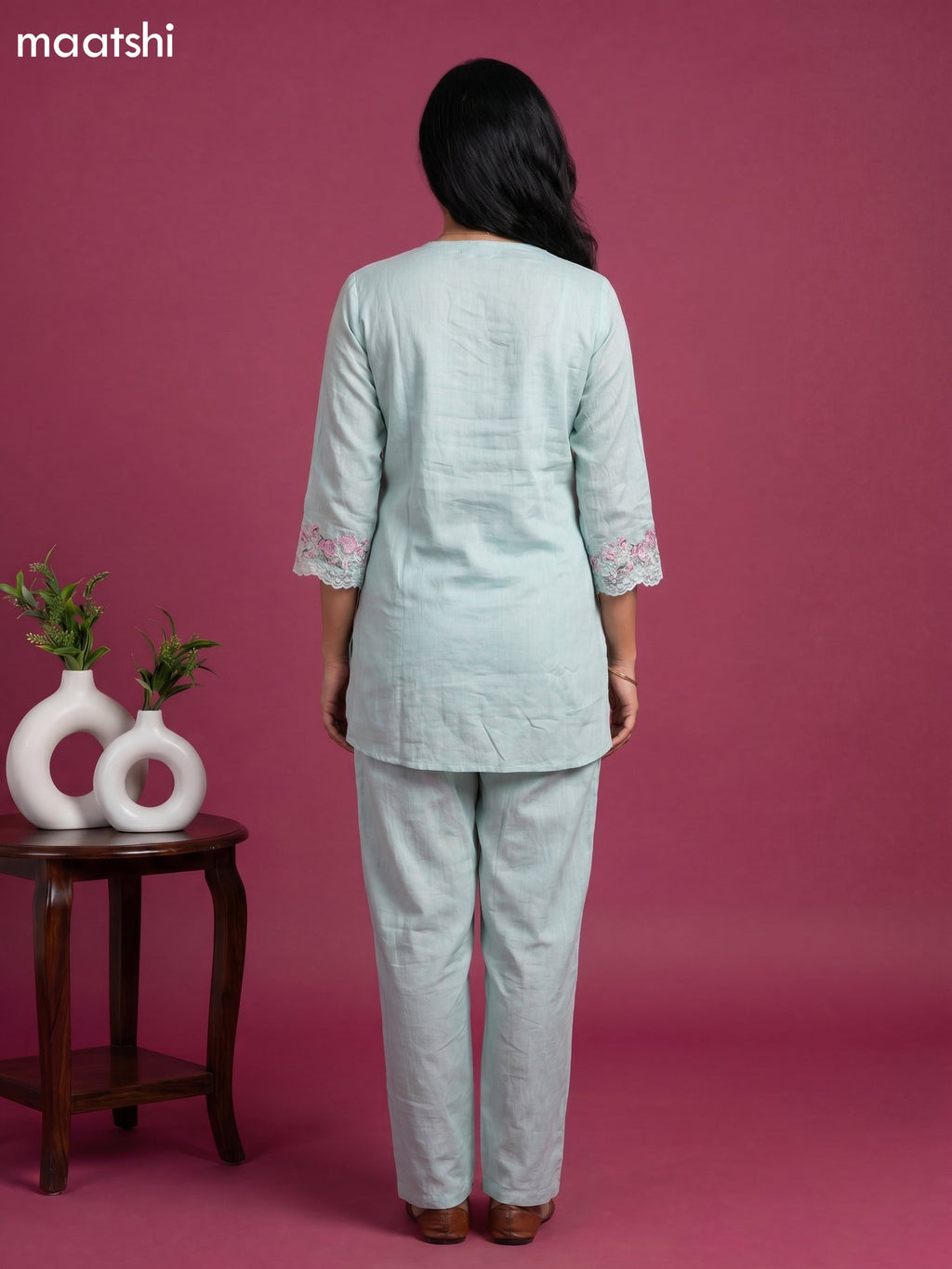 Pastel Green Mul Chanderi Embroidery Work Short Co-Ord Set