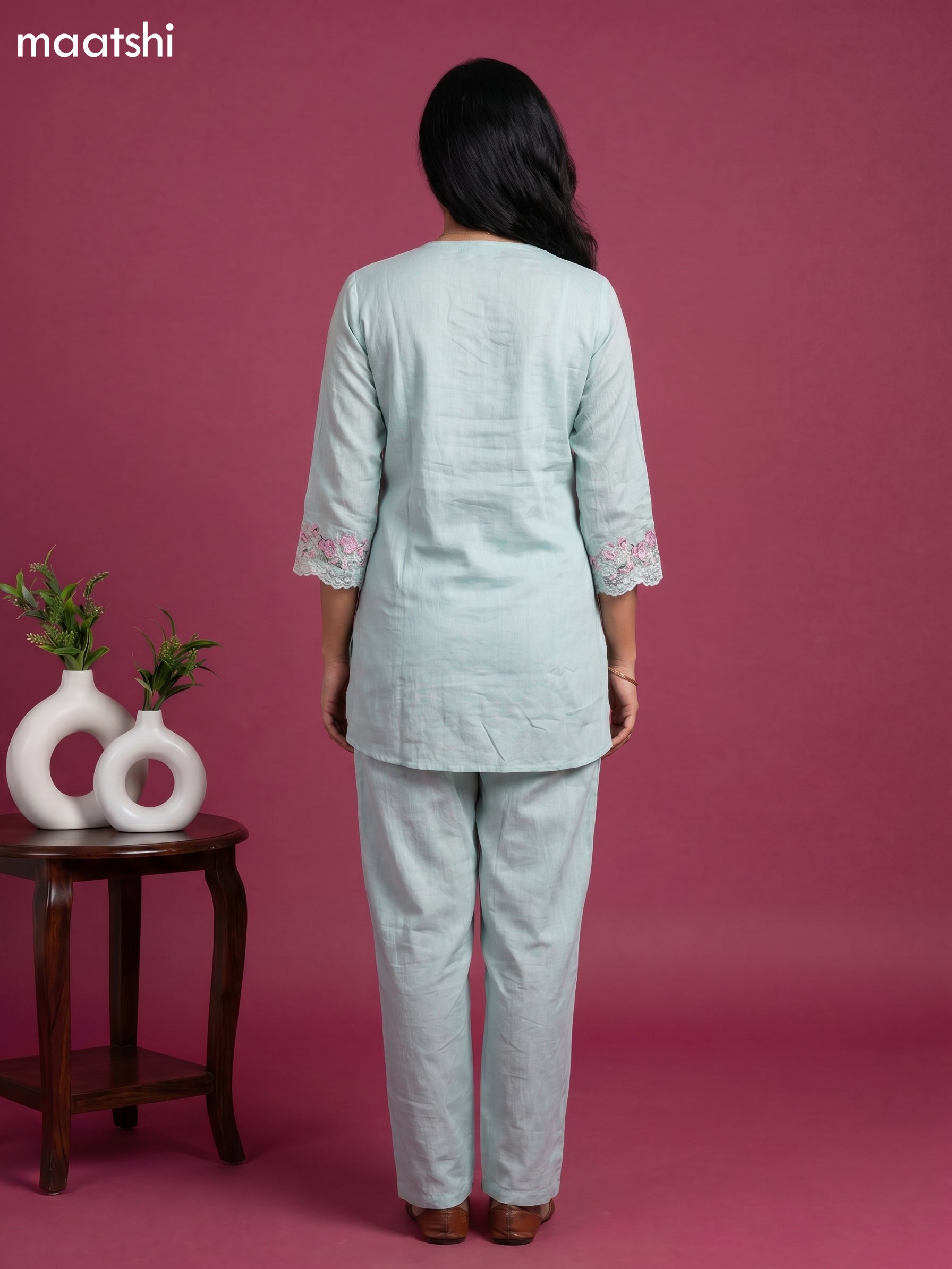 Pastel Green Mul Chanderi Embroidery Work Short Co-Ord Set