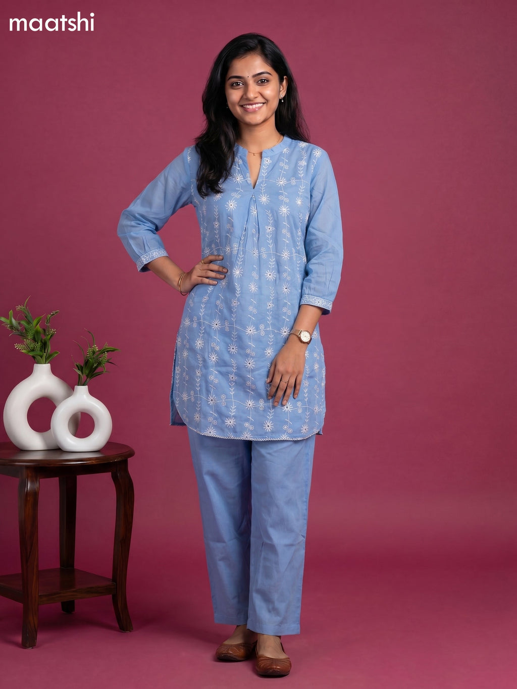 Light Blue Cotton Embroidery Work Short Co-Ord Set