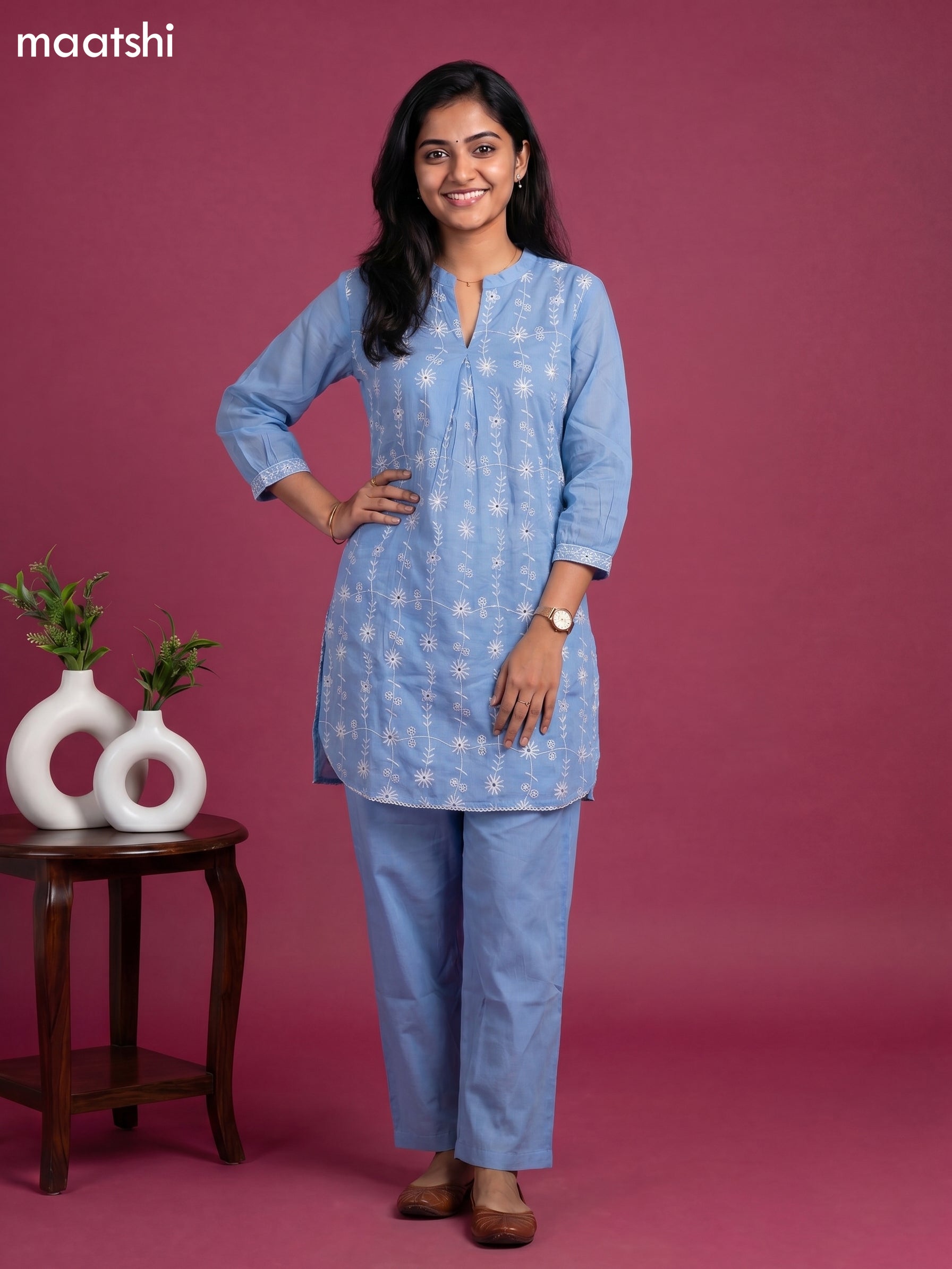 Light Blue Cotton Embroidery Work Short Co-Ord Set