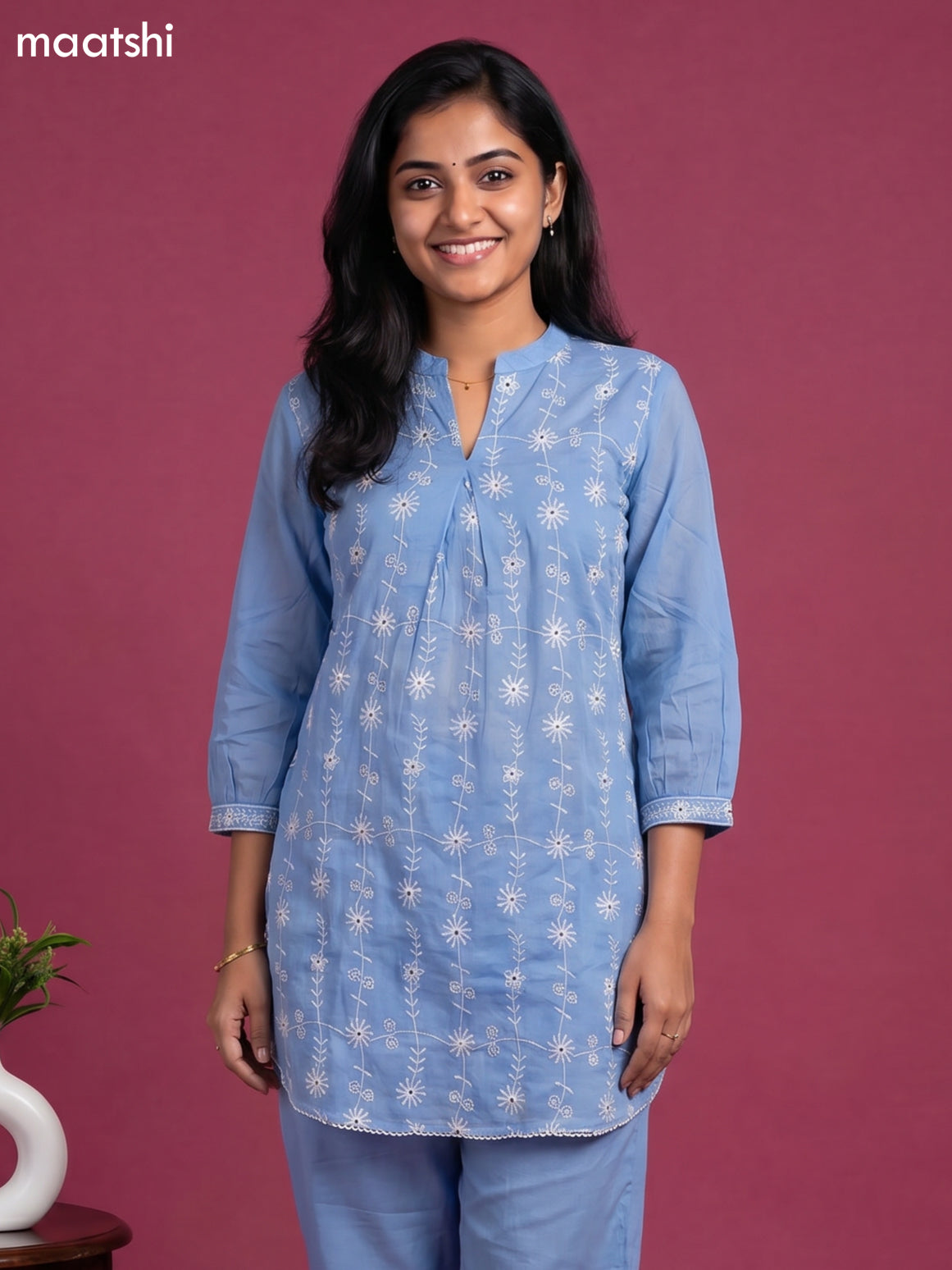 Light Blue Cotton Embroidery Work Short Co-Ord Set