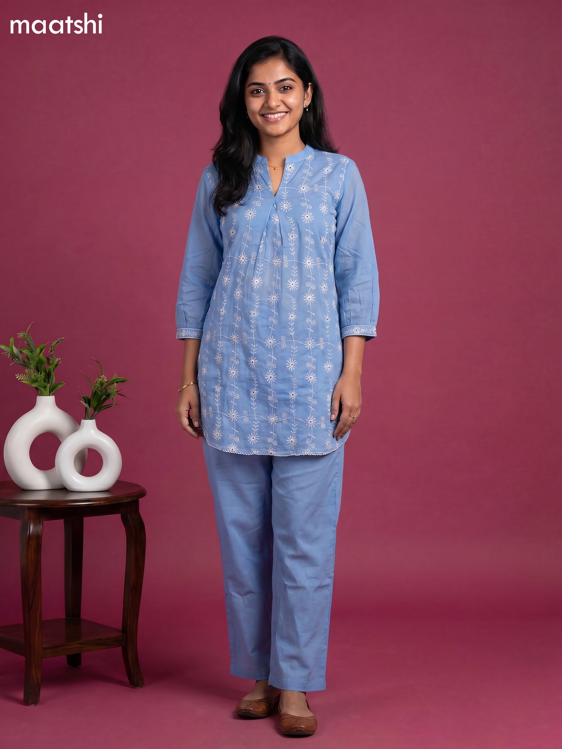 Light Blue Cotton Embroidery Work Short Co-Ord Set