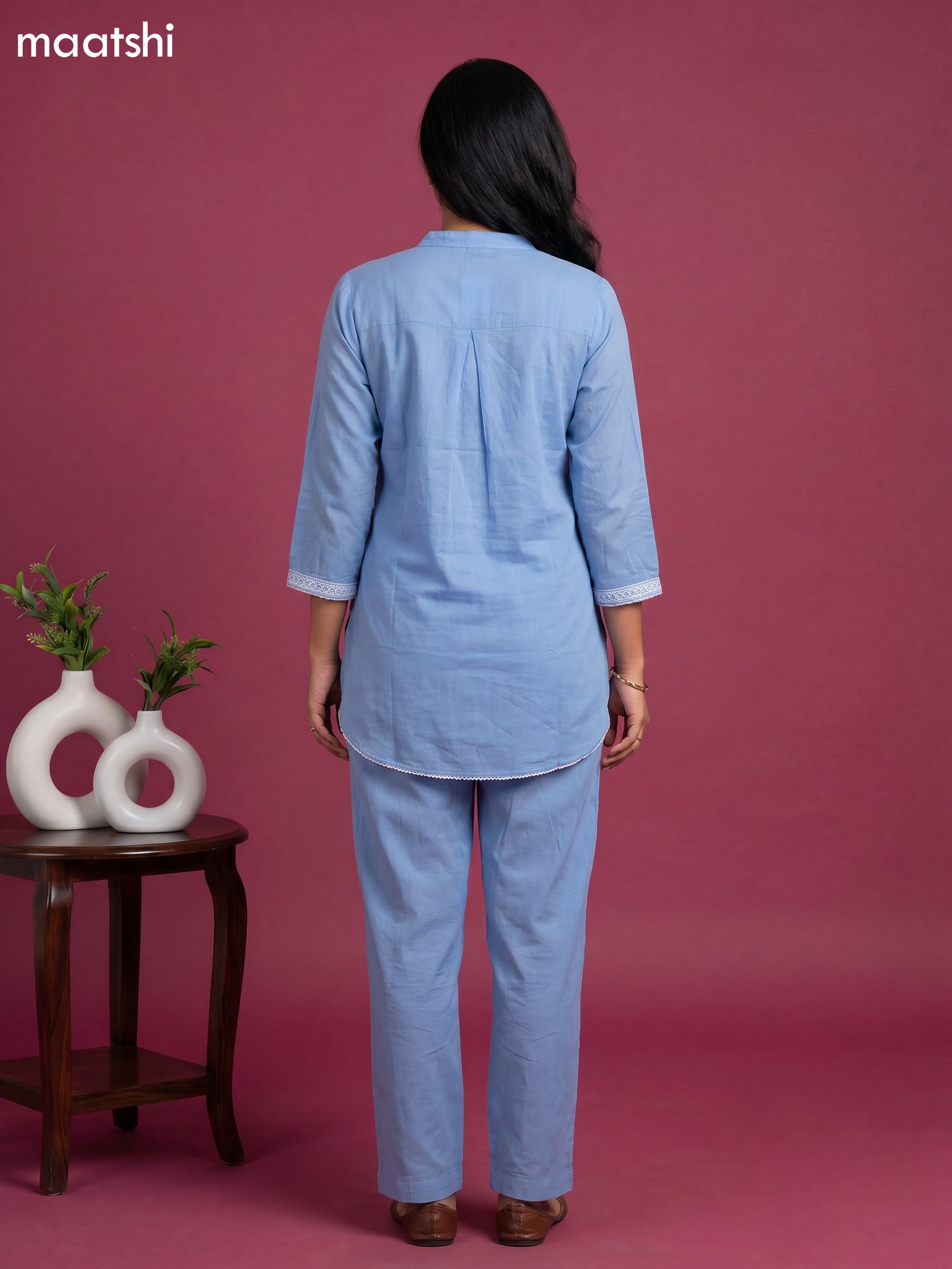 Light Blue Cotton Embroidery Work Short Co-Ord Set