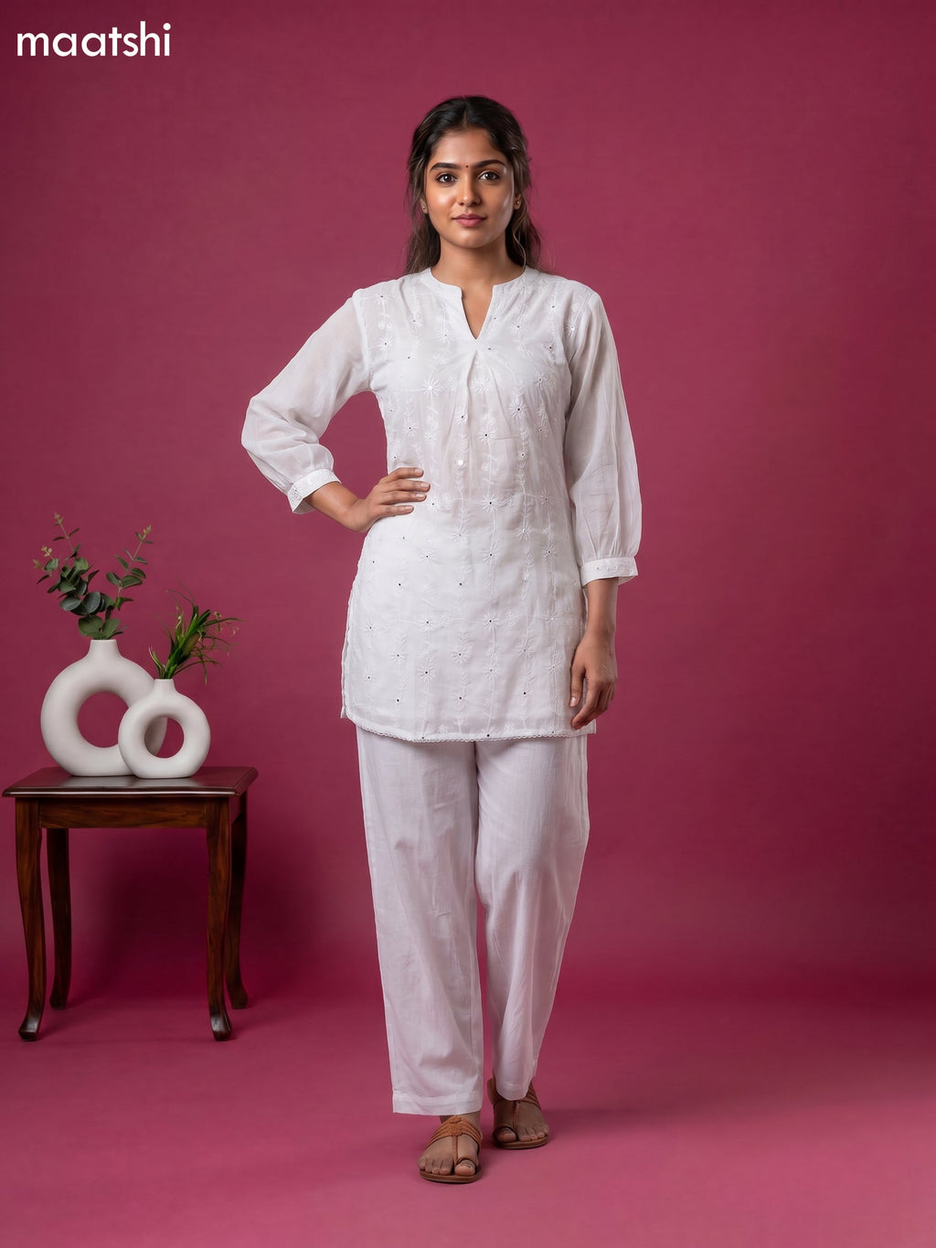 Off White Cotton Embroidery Work Short Co-Ord Set