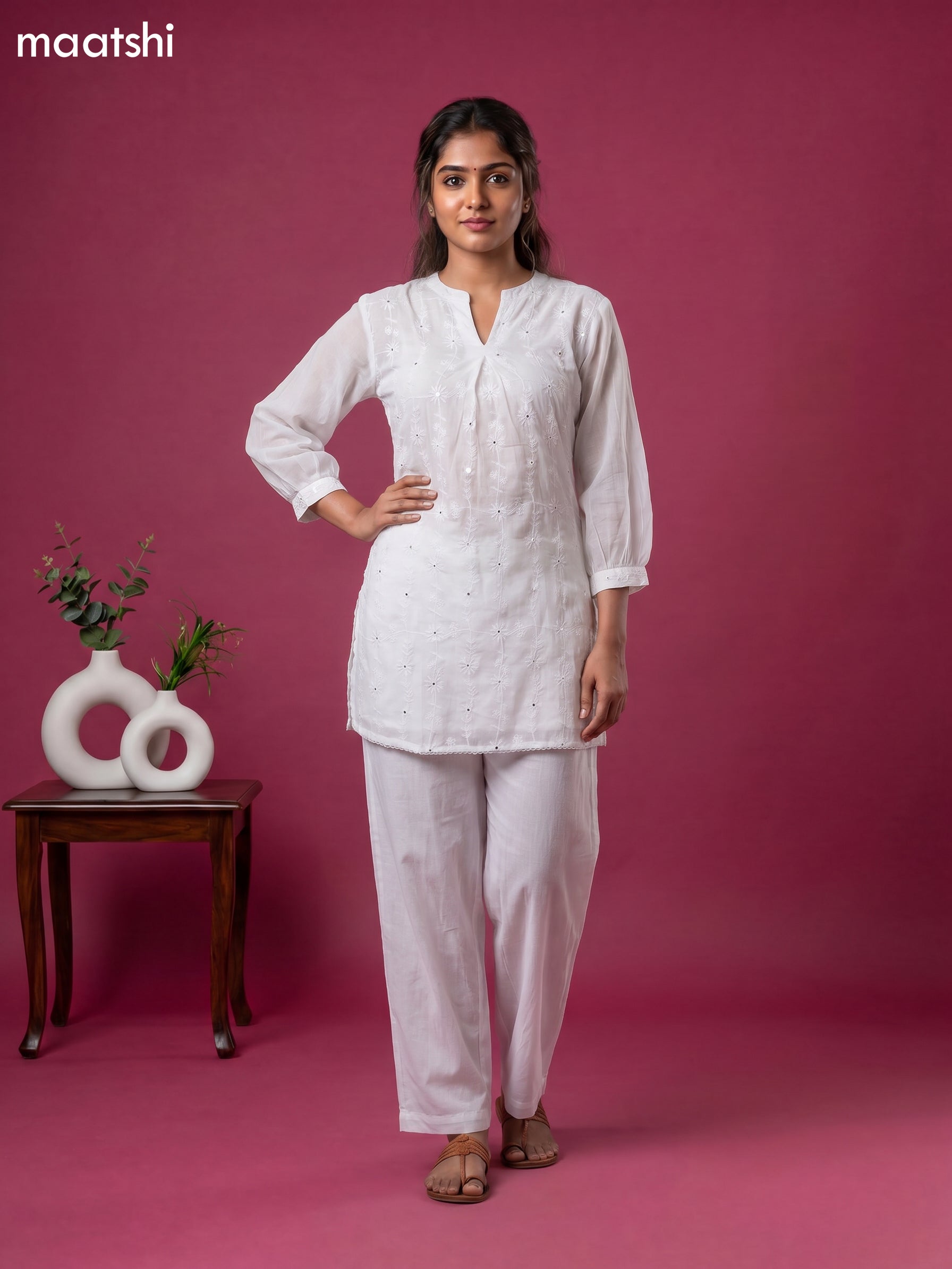 Off White Cotton Embroidery Work Short Co-Ord Set