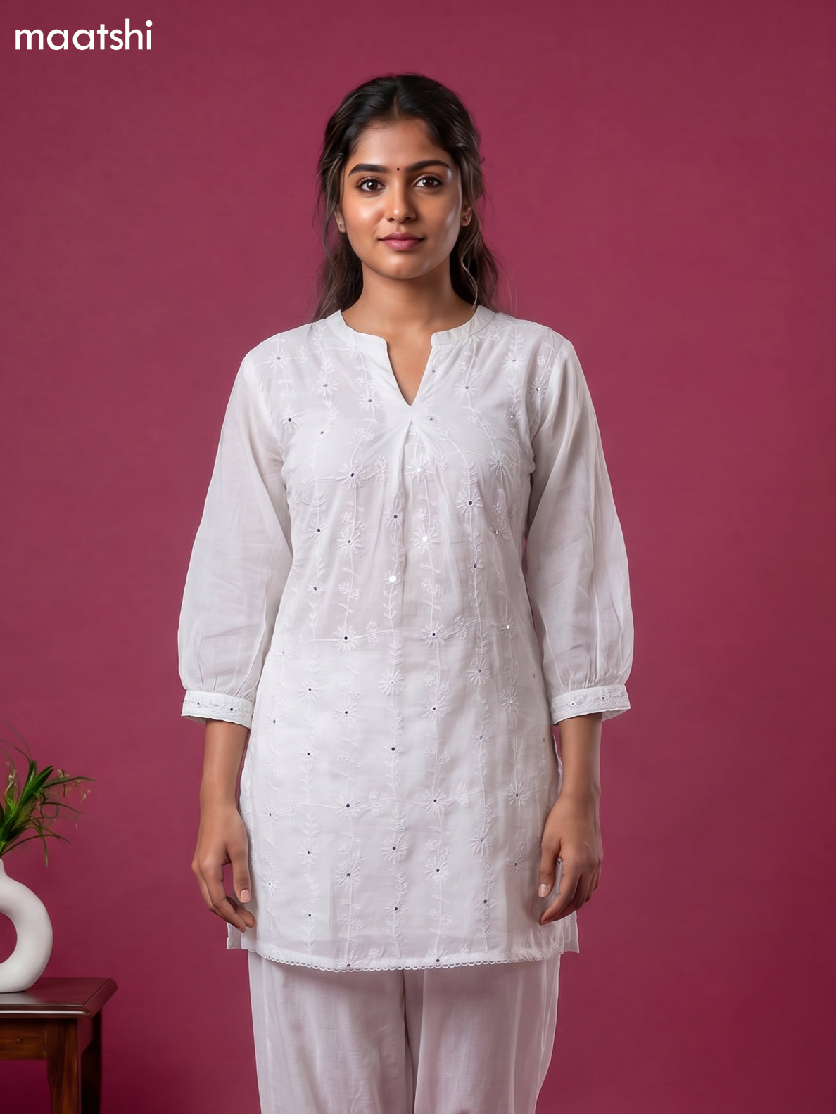 Off White Cotton Embroidery Work Short Co-Ord Set
