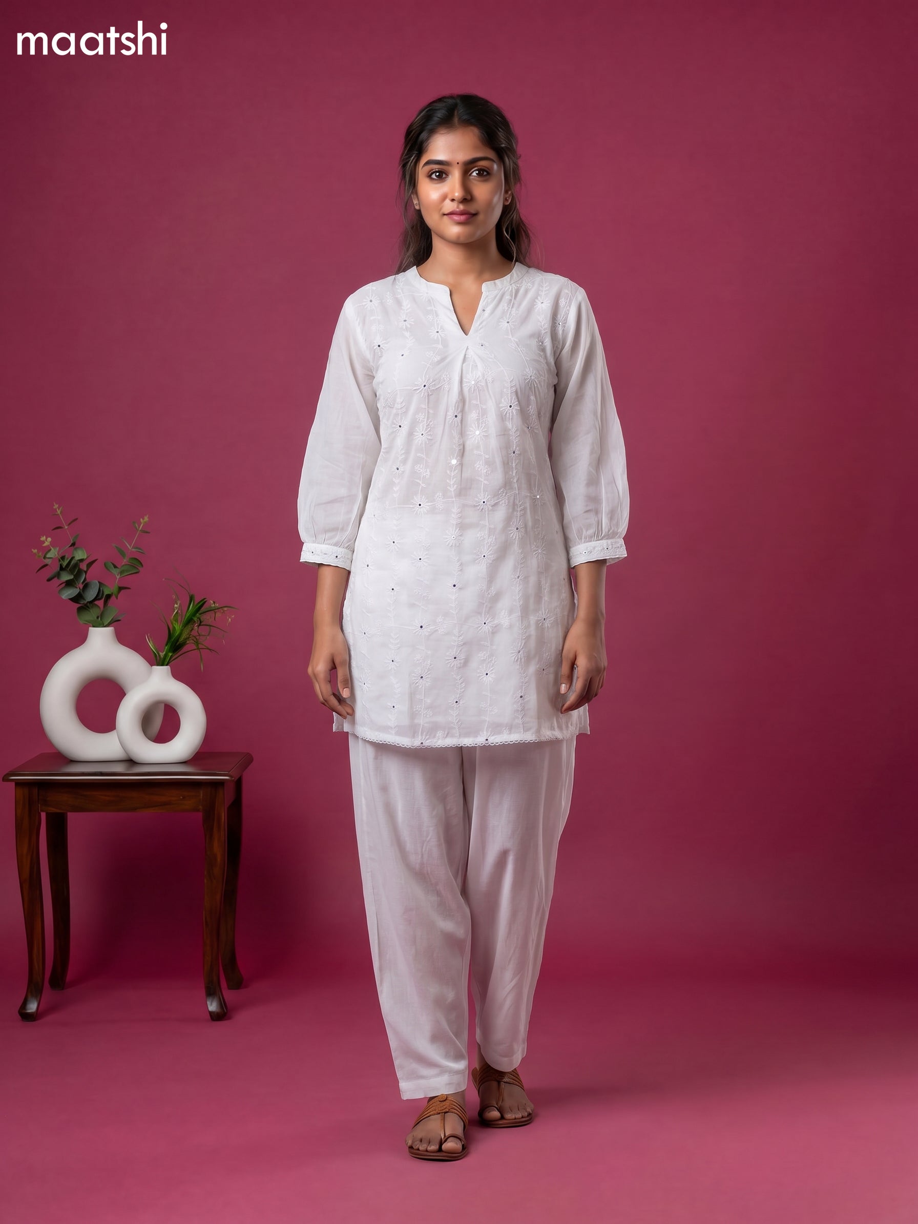 Off White Cotton Embroidery Work Short Co-Ord Set