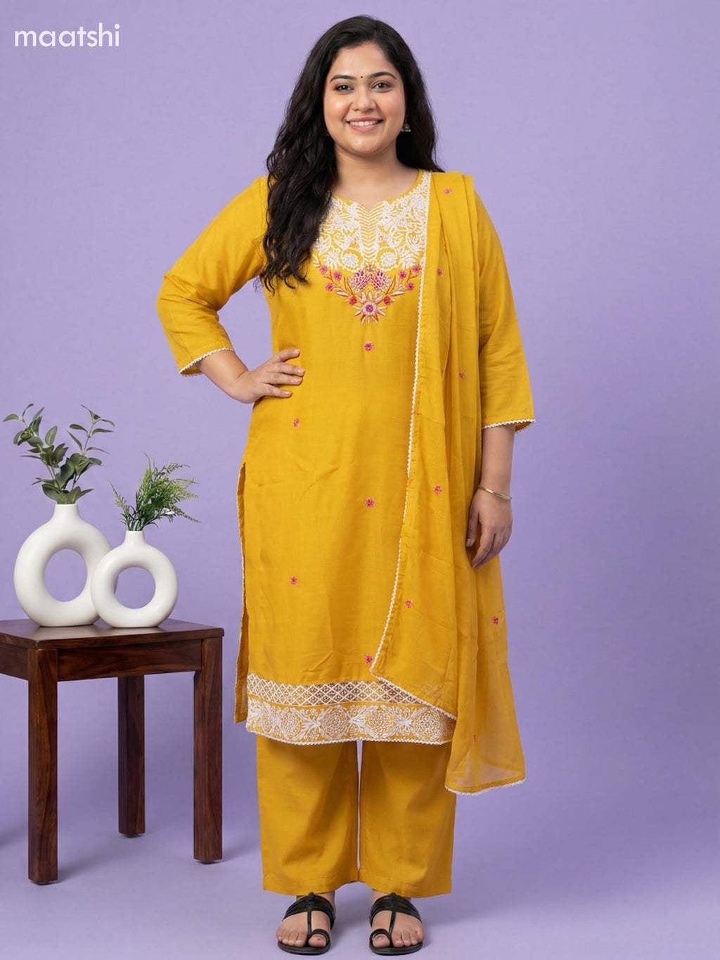 Yellow Cotton Embroidery Work Straight Suit