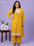 Yellow Cotton Embroidery Work Straight Suit