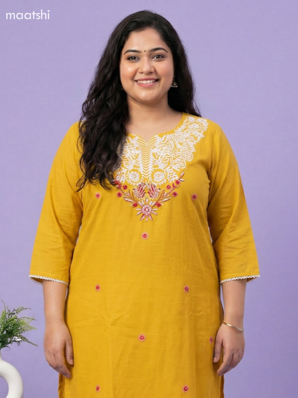 Yellow Cotton Embroidery Work Straight Suit