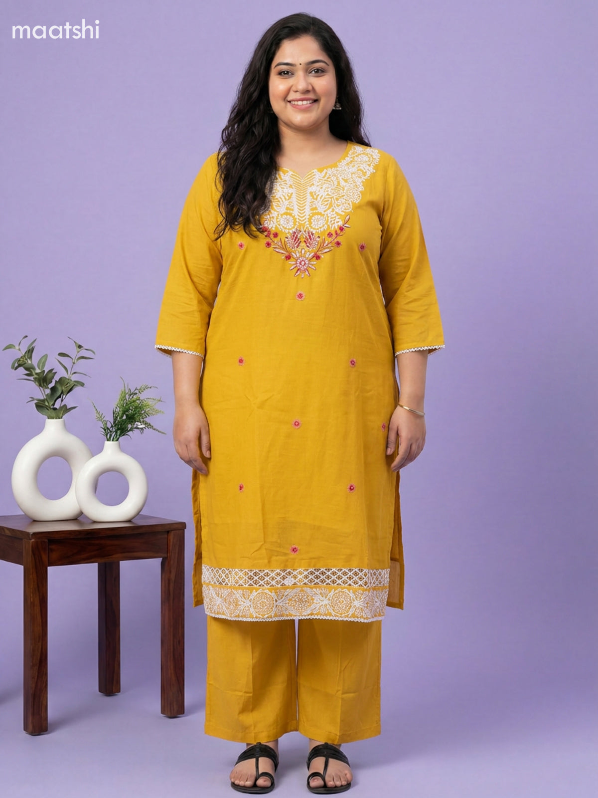 Yellow Cotton Embroidery Work Straight Suit
