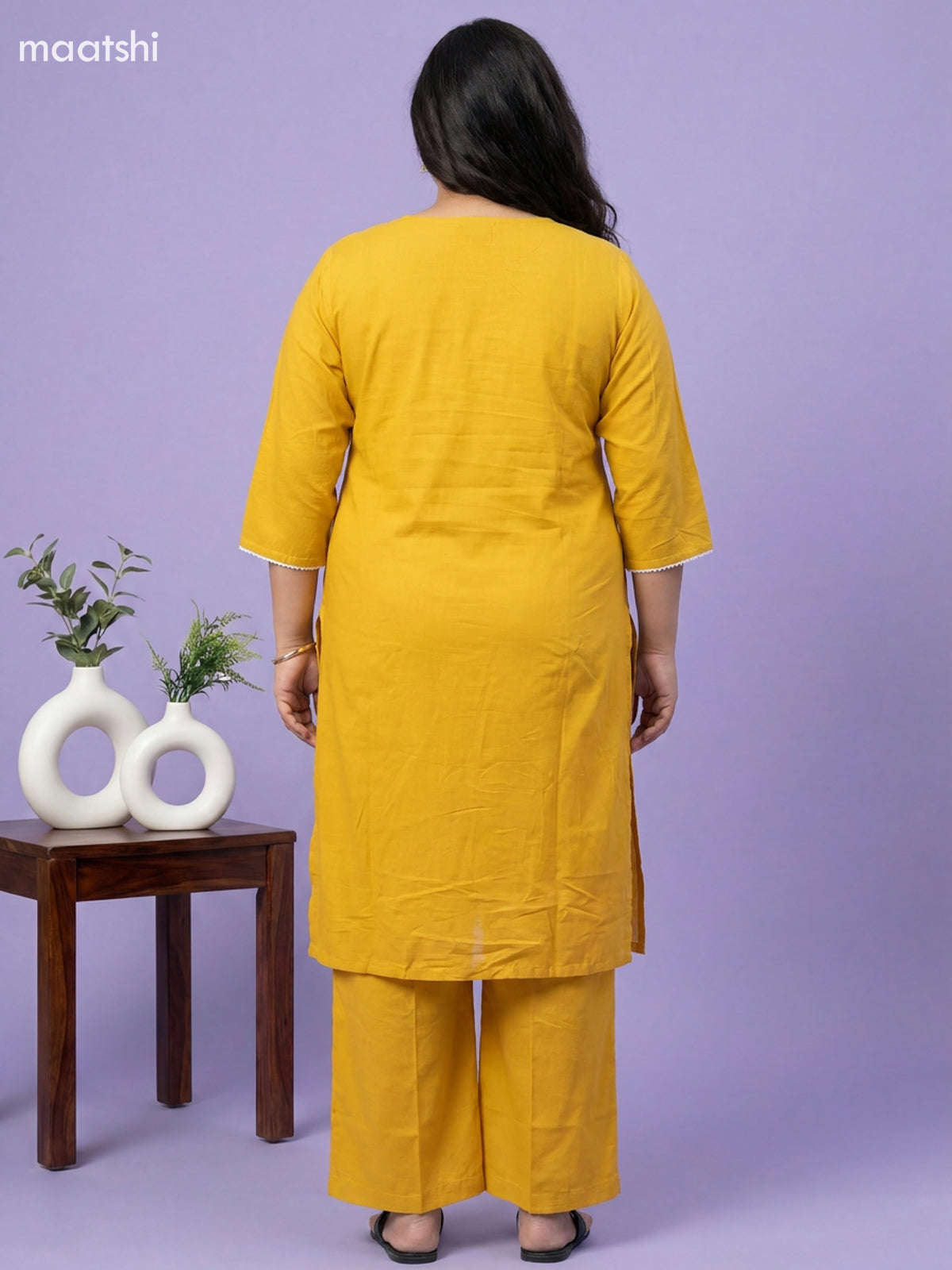 Yellow Cotton Embroidery Work Straight Suit