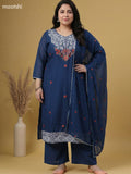 Dark Blue Cotton Embroidery Work Straight Suit