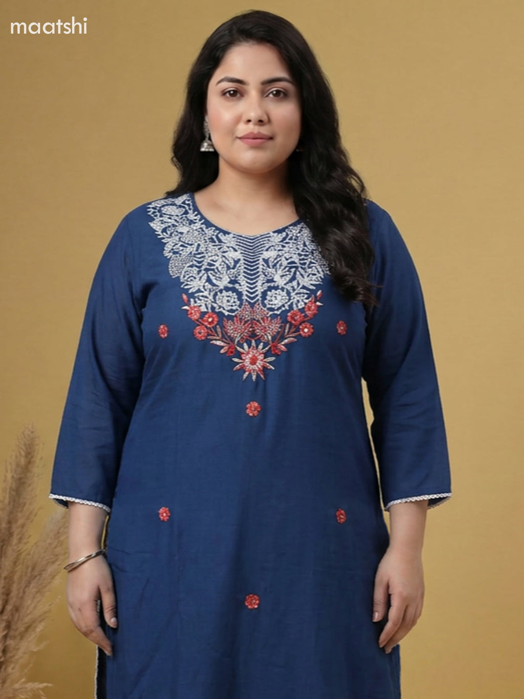 Dark Blue Cotton Embroidery Work Straight Suit