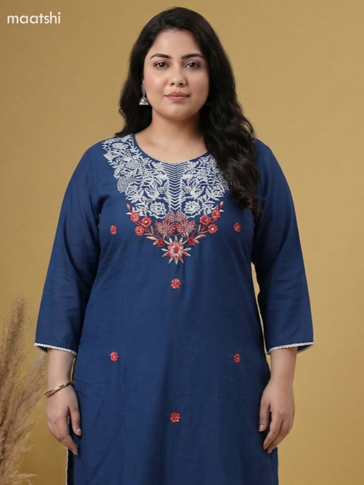 Dark Blue Cotton Embroidery Work Straight Suit