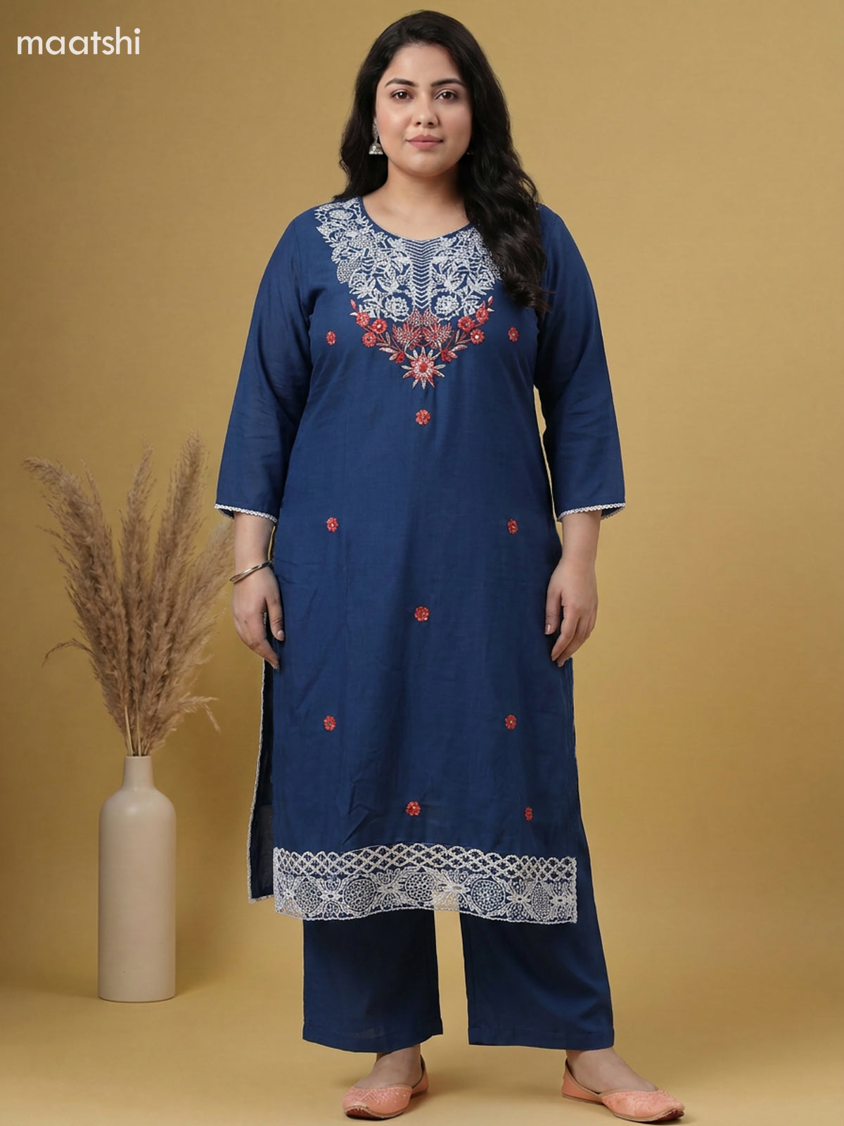 Dark Blue Cotton Embroidery Work Straight Suit