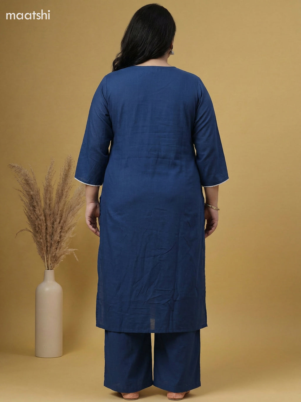Dark Blue Cotton Embroidery Work Straight Suit
