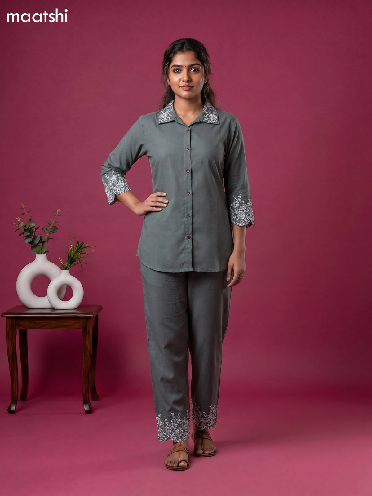 Dark Grey Cotton Embroidery Work Short Co-Ord Set