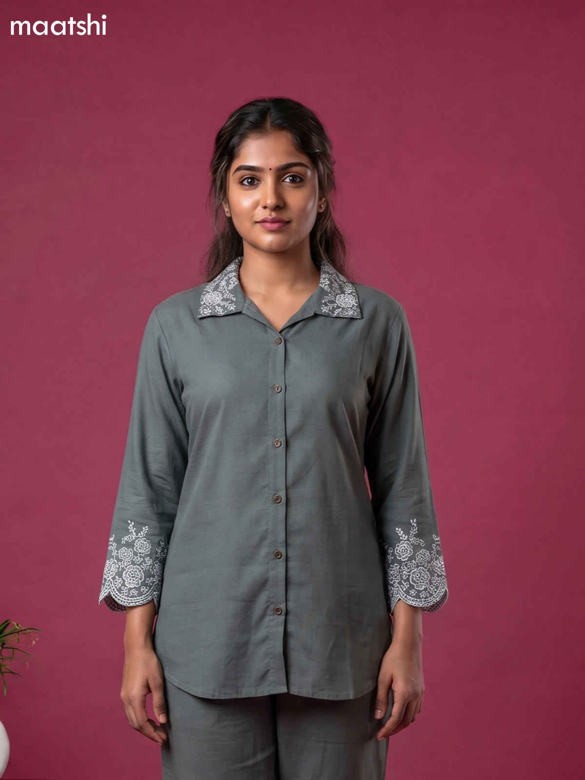 Dark Grey Cotton Embroidery Work Short Co-Ord Set