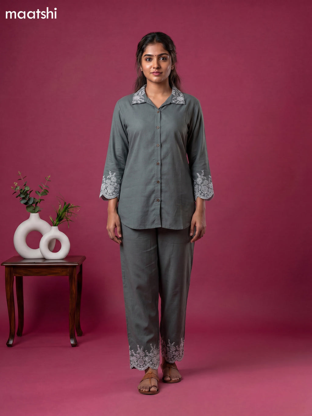 Dark Grey Cotton Embroidery Work Short Co-Ord Set