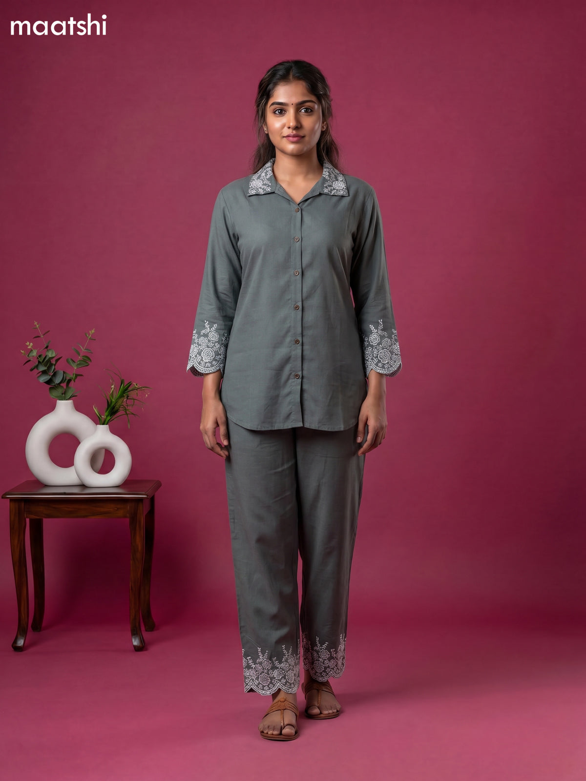 Dark Grey Cotton Embroidery Work Short Co-Ord Set