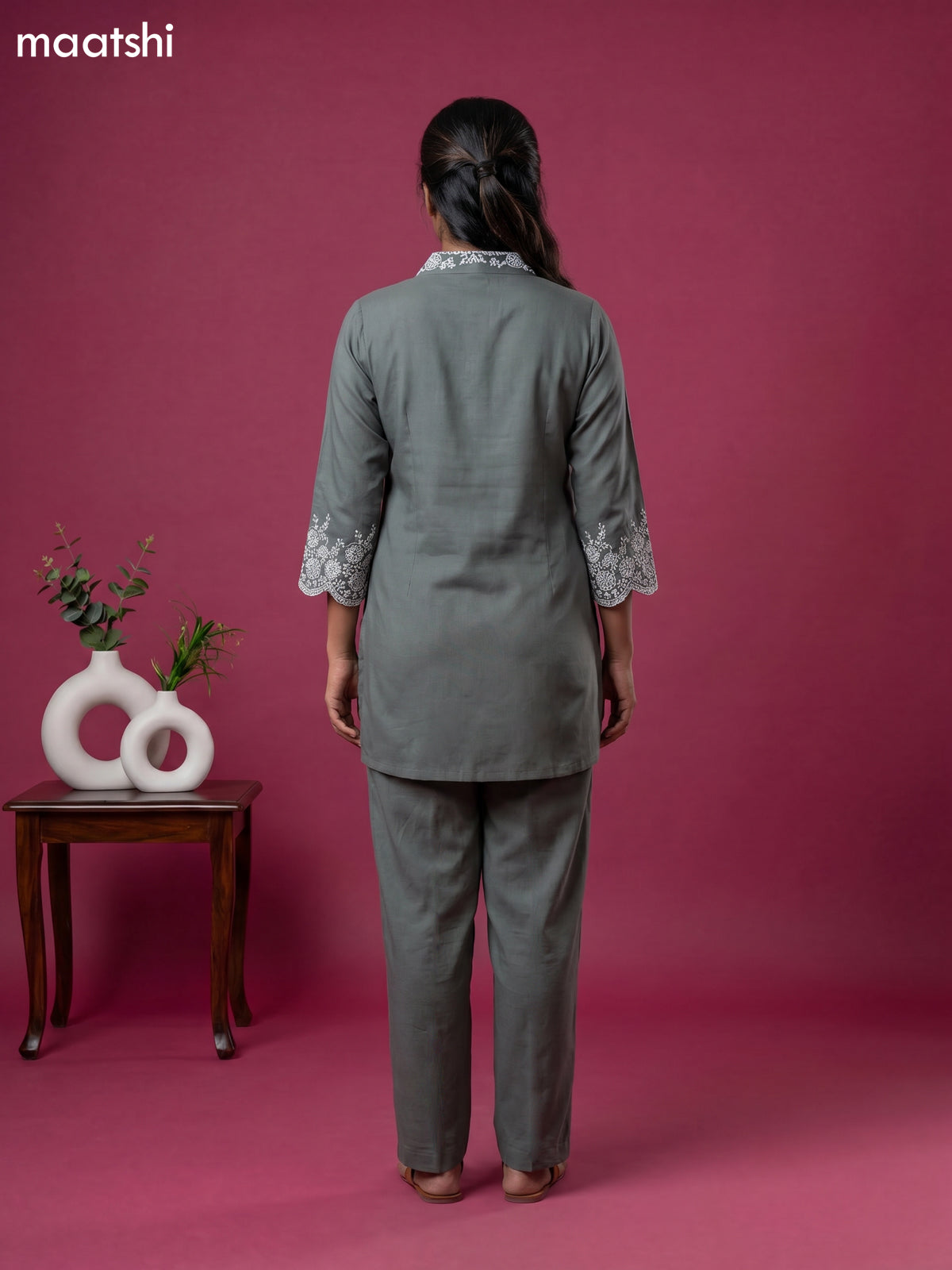 Dark Grey Cotton Embroidery Work Short Co-Ord Set
