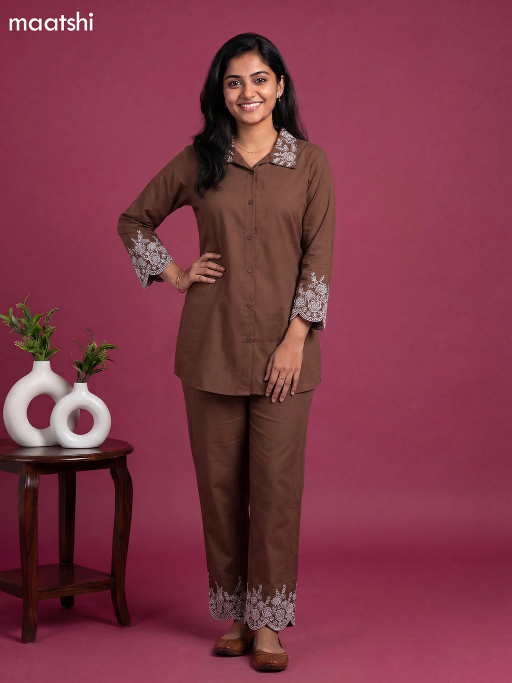Brown Cotton Embroidery Work Short Co-Ord Set