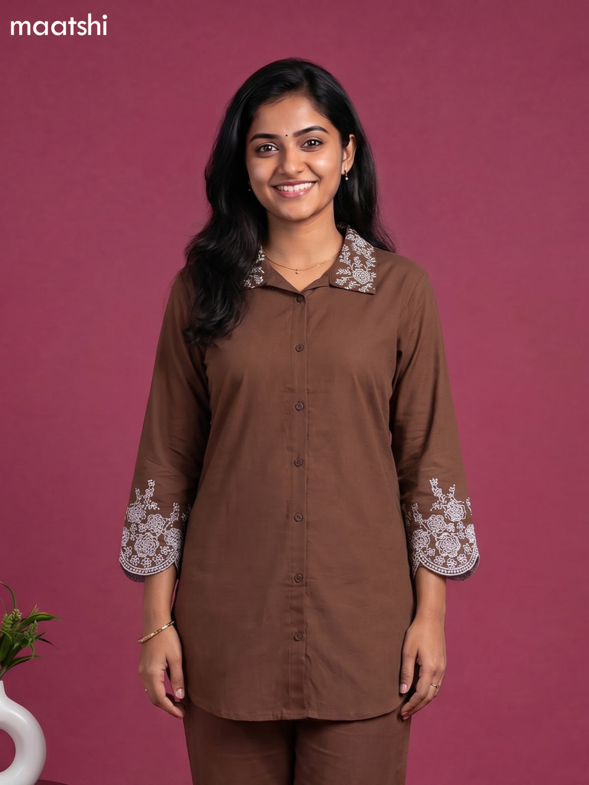 Brown Cotton Embroidery Work Short Co-Ord Set