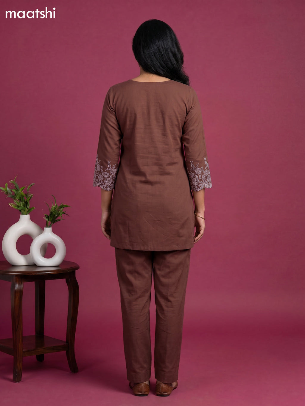 Brown Cotton Embroidery Work Short Co-Ord Set